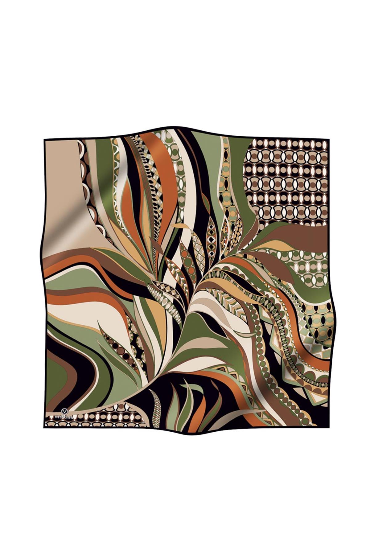 100% Twill Etnik Yaprak Desenli Haki Renkli 90x90 Dikim Şekli : El Dikişi Eşarp