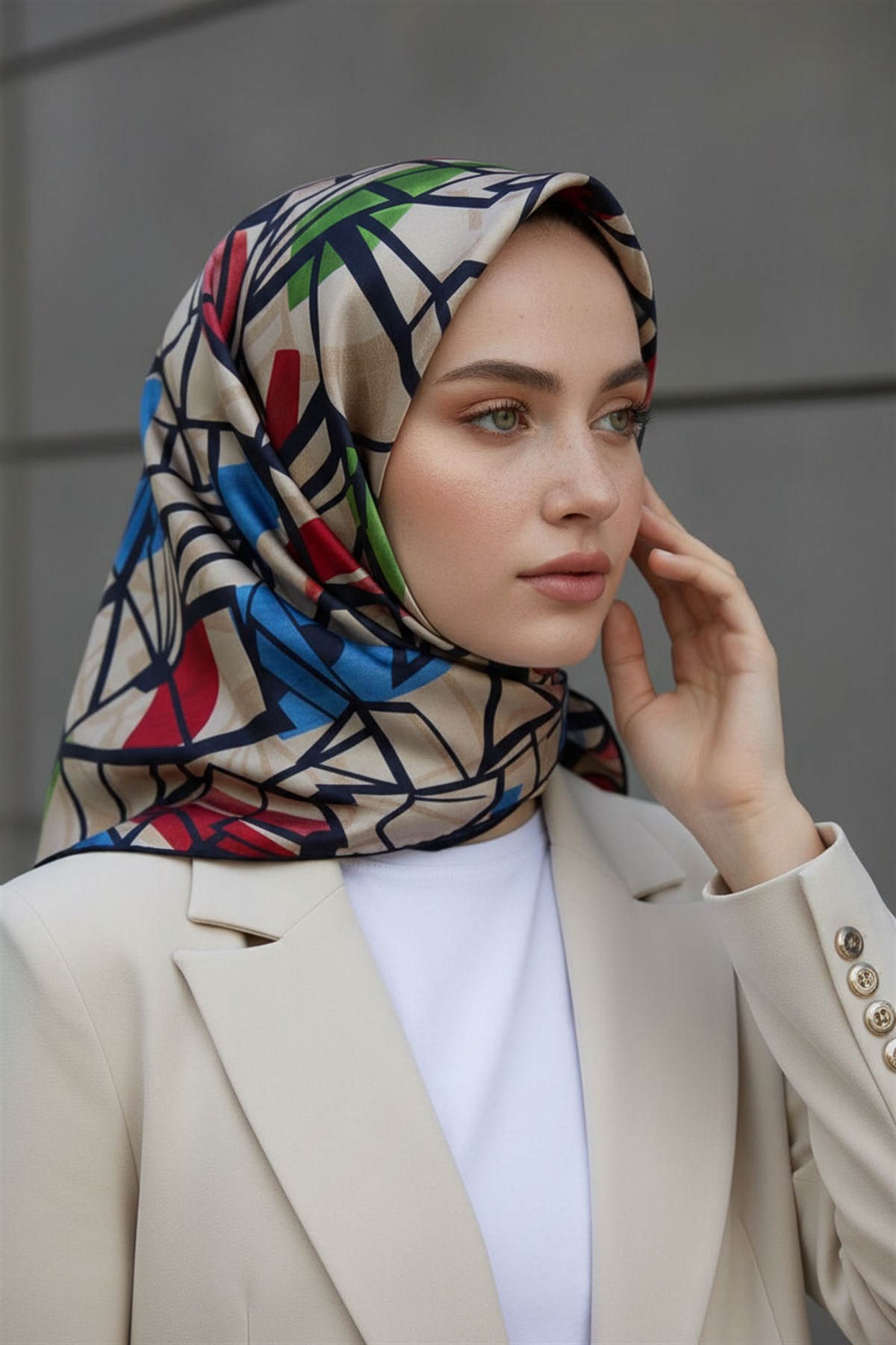 %100 Twill Renkli Petek Desenli Kırmızı - Saks Renkli 90x90 Eşarp Dikim Şekli: El Dikişii