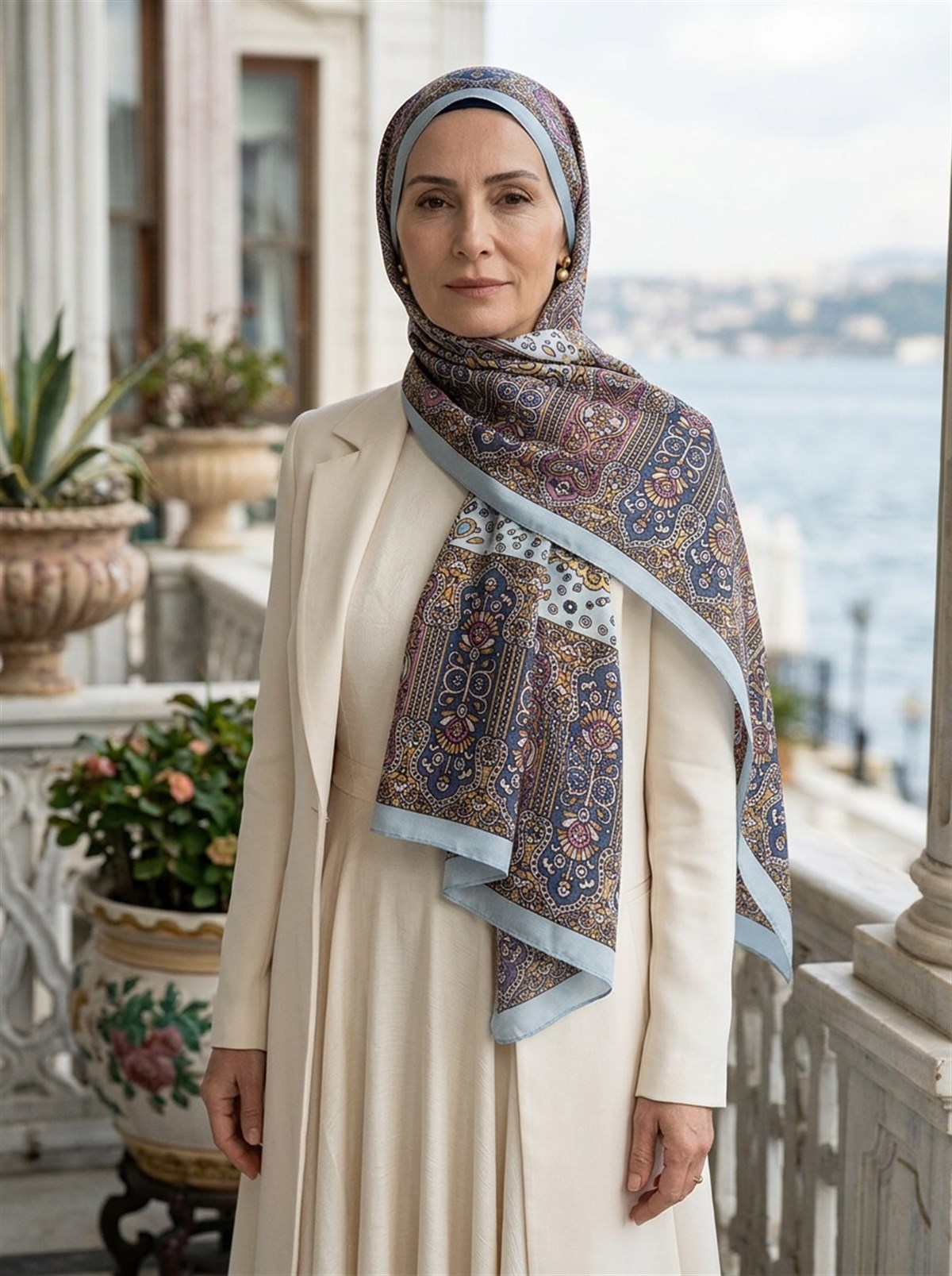 100% İpek Etnik Desenli Bebe Mavisi - Pudra Renkli 92x210 Şal