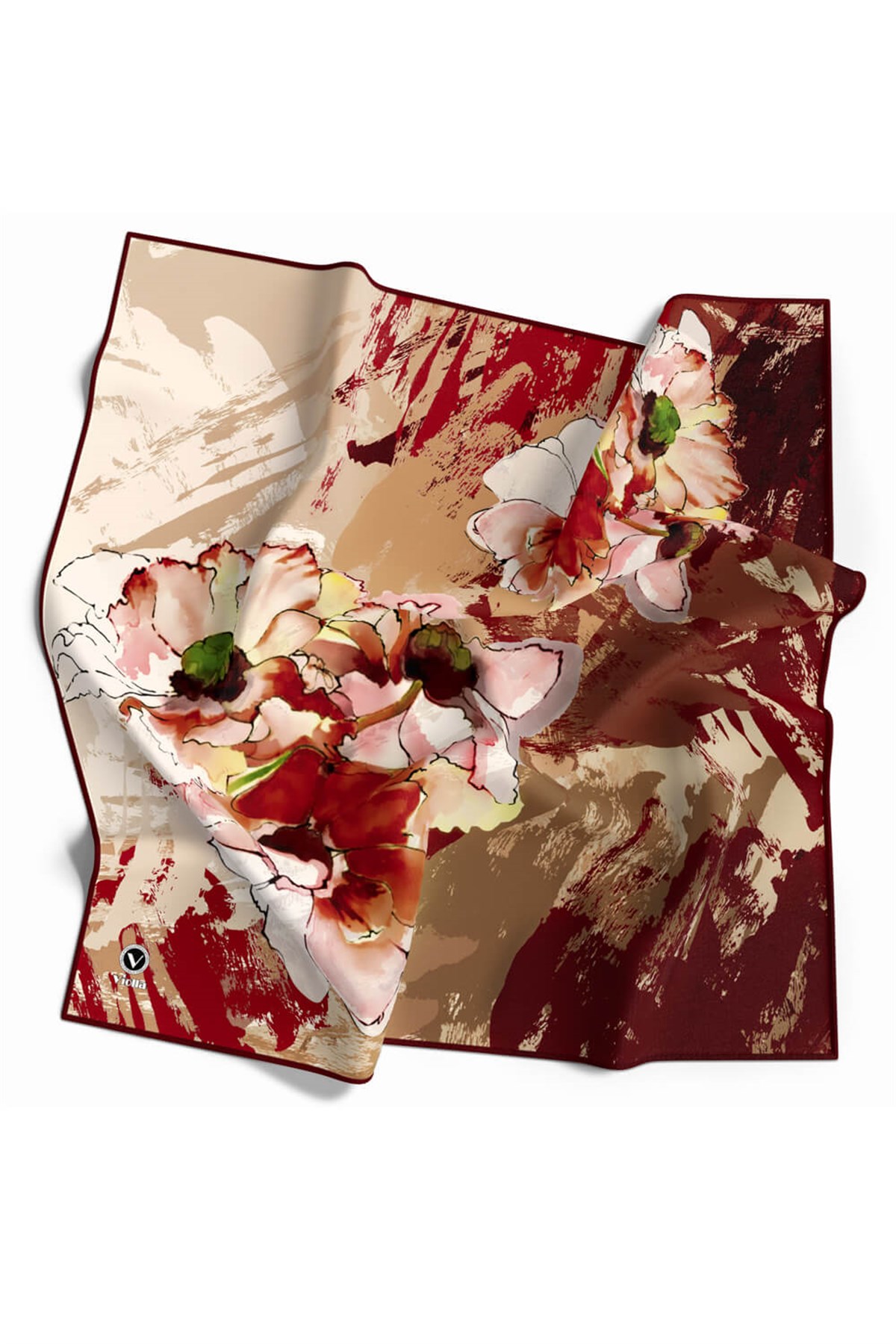 Twill Çiçek Desenli Bordo Renkli 90x90 Eşarp (İpek İçermez) Dikim Şekli : El Dikişi
