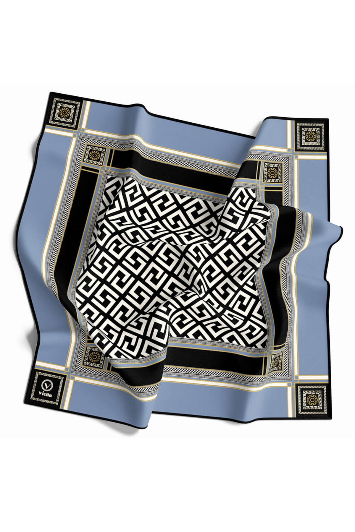 Twill Antik Desenli Bebe Mavisi Renkli 90x90 Eşarp (İpek İçermez) Kenar Dikiş Şekli El Dikişli
