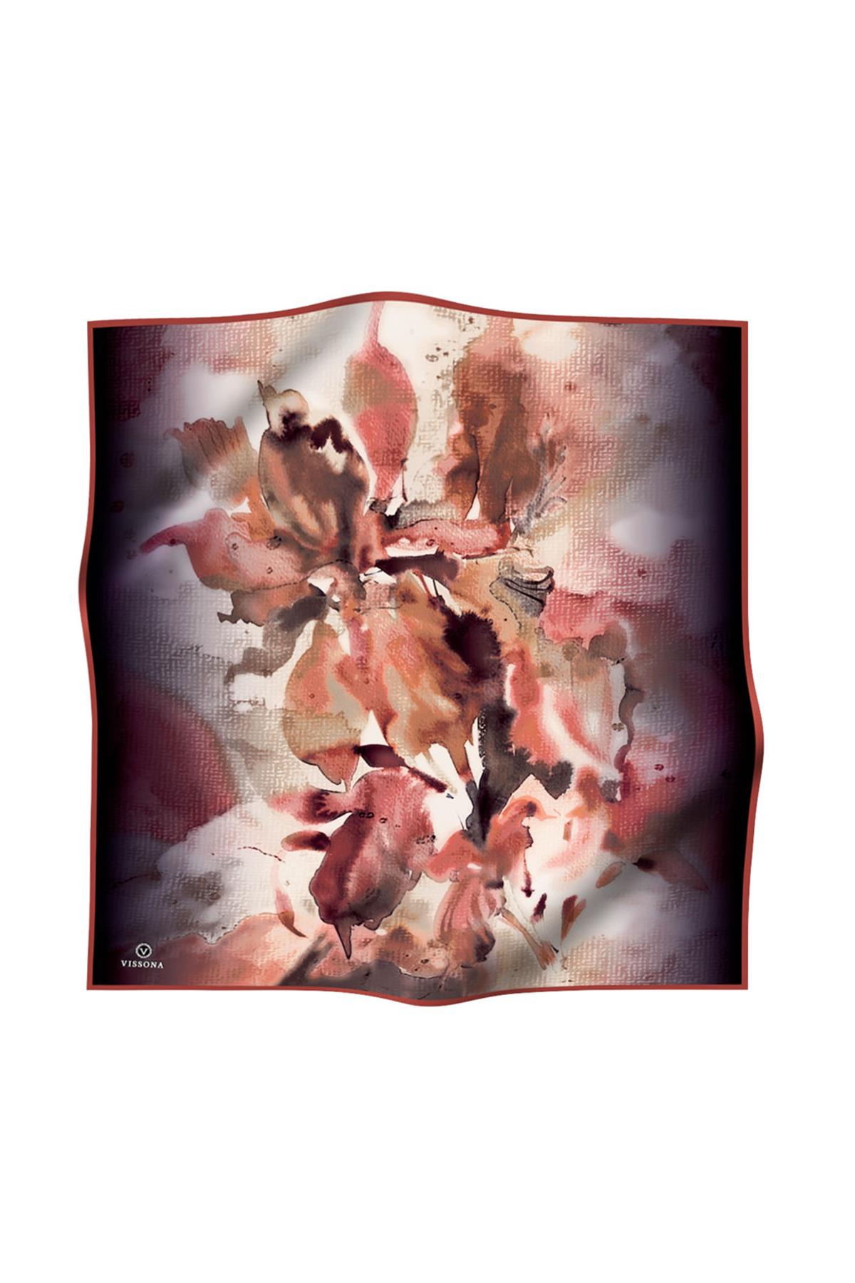 %100 Twill İpek Suluboya Çiçek Desenli Hardal - Taba Renkli 90x90 Eşarp Dikim Şekli : El Dikişi