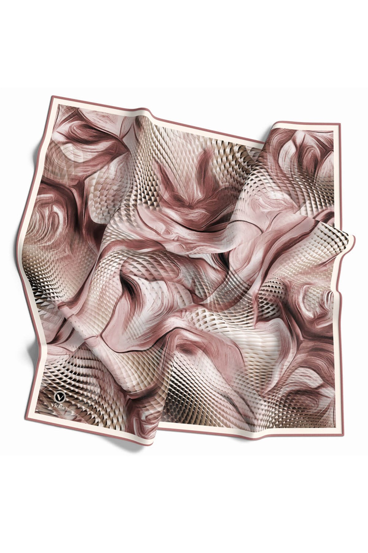 Twill Geometrik Ve Dalga Desenli Pudra Renkli 90x90 Eşarp (İpek İçermez) Dikim Şekli : El Dikişi