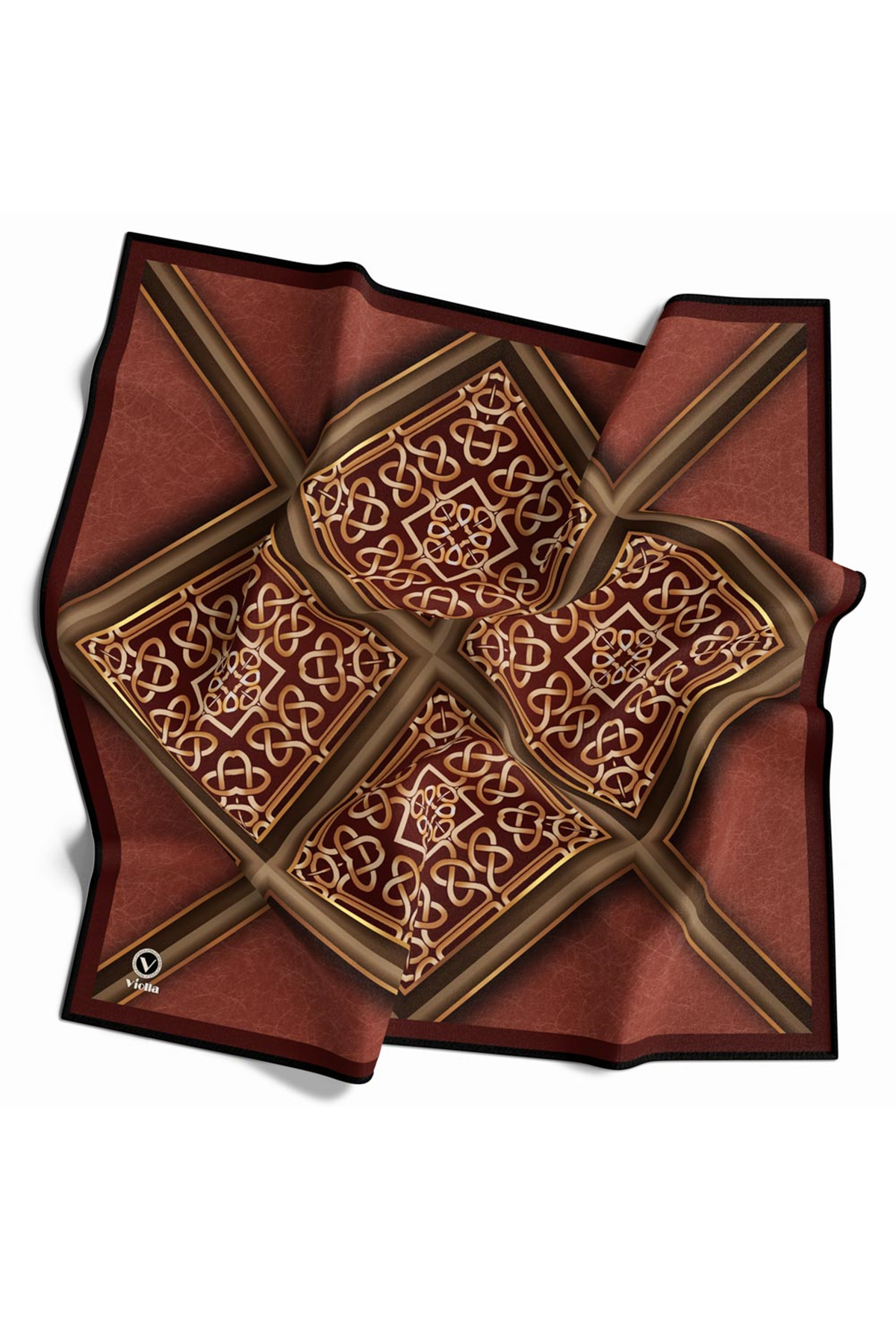 Twill Gold Çerçeveli Barok Desenli Taba Renkli 90x90 Eşarp (İpek İçermez) Kenar Dikiş Şekli El Dikişli