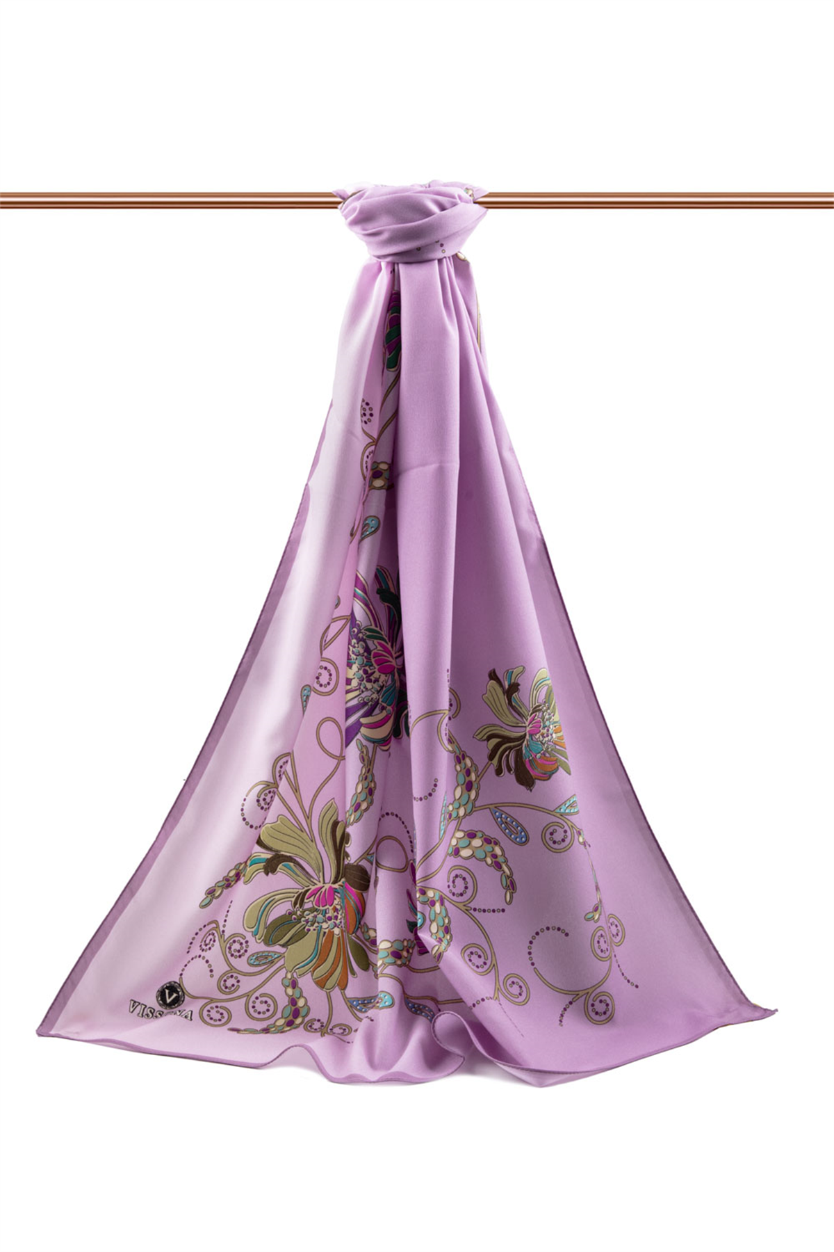LÜKS MEDİNE İPEĞİ ÇİÇEK DESENLİ LİLA RENKLİ 75X195 KIRIŞMAZ ŞAL MOSS KREP DİKİŞ TİPİ İTALYAN DİKİŞLİ