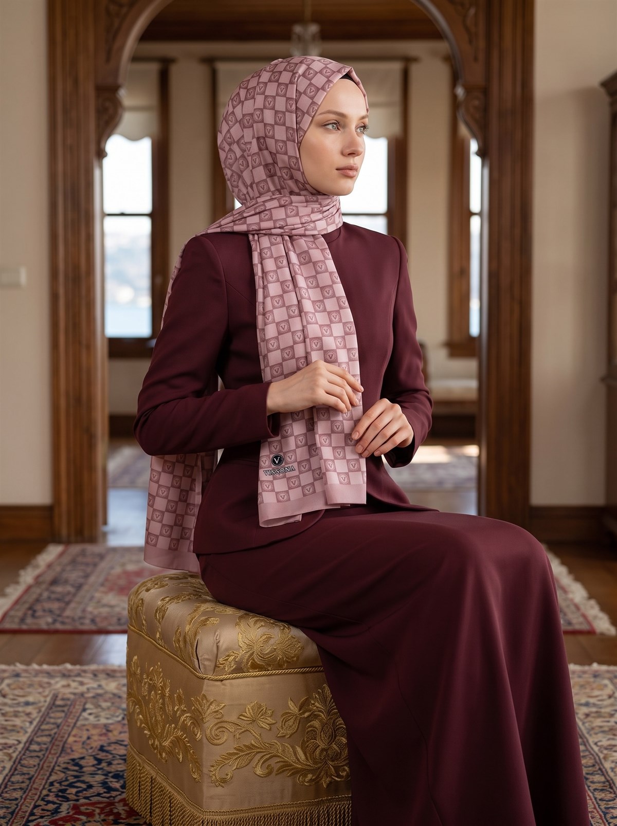 KREP MONOGRAM DESENLİ PUDRA RENKLİ 75X195 KIRIŞMAZ ŞAL