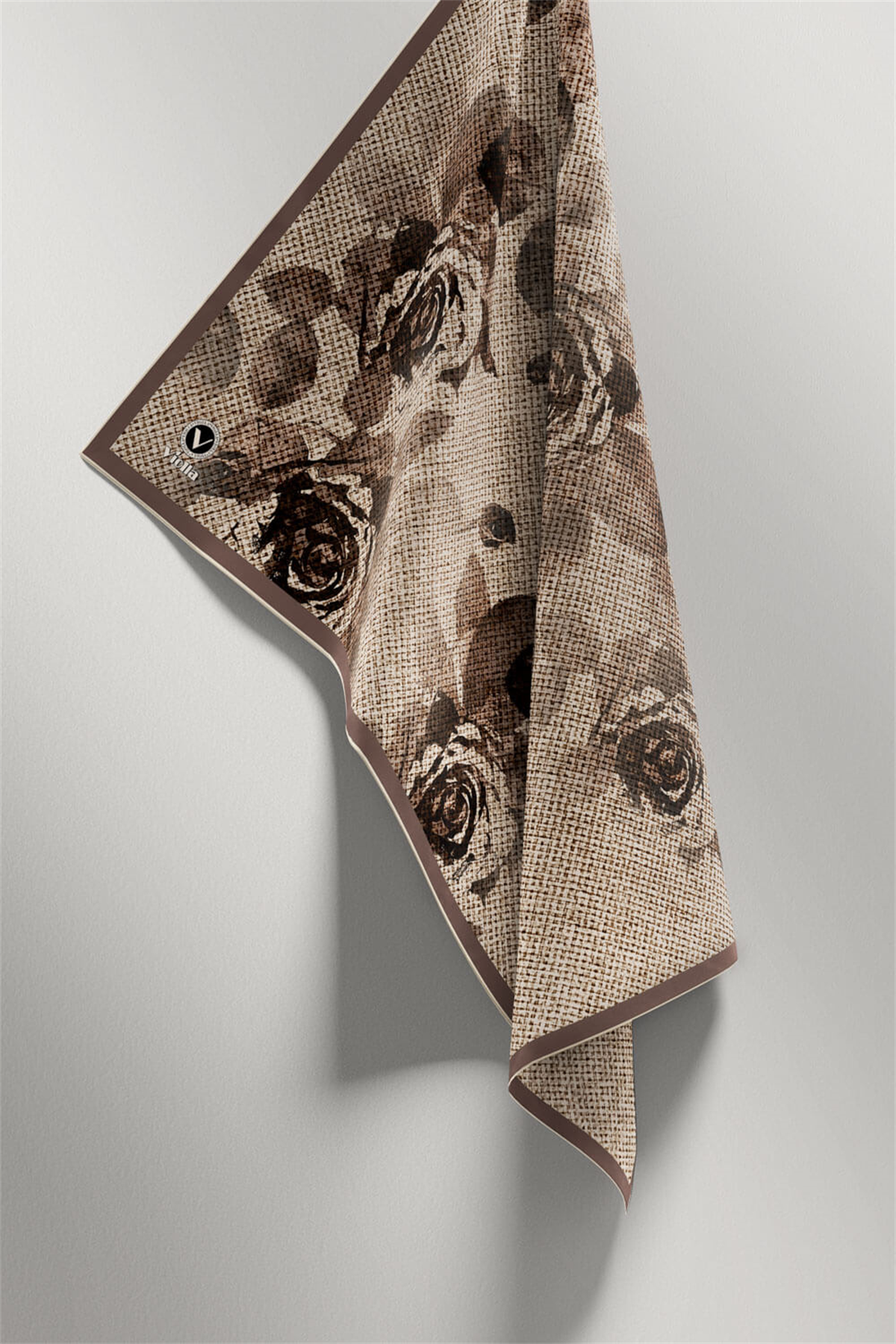 Twill Gül Desenli Vizon Renkli 90x90 Eşarp (İpek İçermez) Kenar Dikiş Şekli El Dikişli