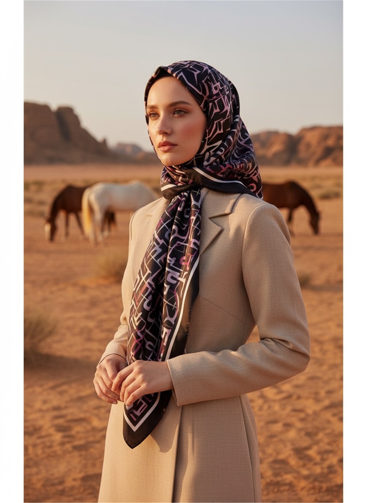 %100 Twill İpek Soyut Geometrik Desenli Mürdüm - Pudra Renkli 90x90 Eşarp Dikim Şekli : El Dikişi