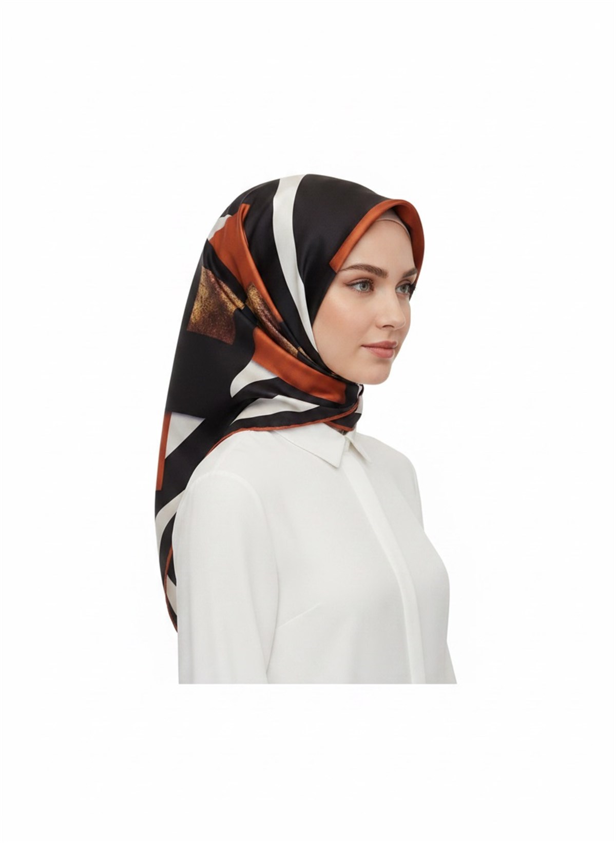 %100 Twill İpek Karo Desenli Siyah - Taba Renkli 90x90 Eşarp Dikim Şekli : El Dikişi