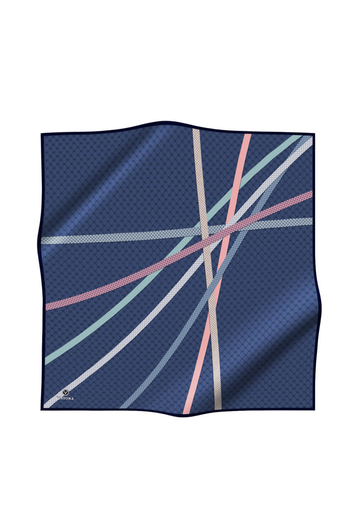 %57 İPEK %43 VİSKON Twill İpek Monogram Ve Şerit Desenli İndigo - Pudra Renkli 90x90 Eşarp Dikim Şekli : El Dikişi