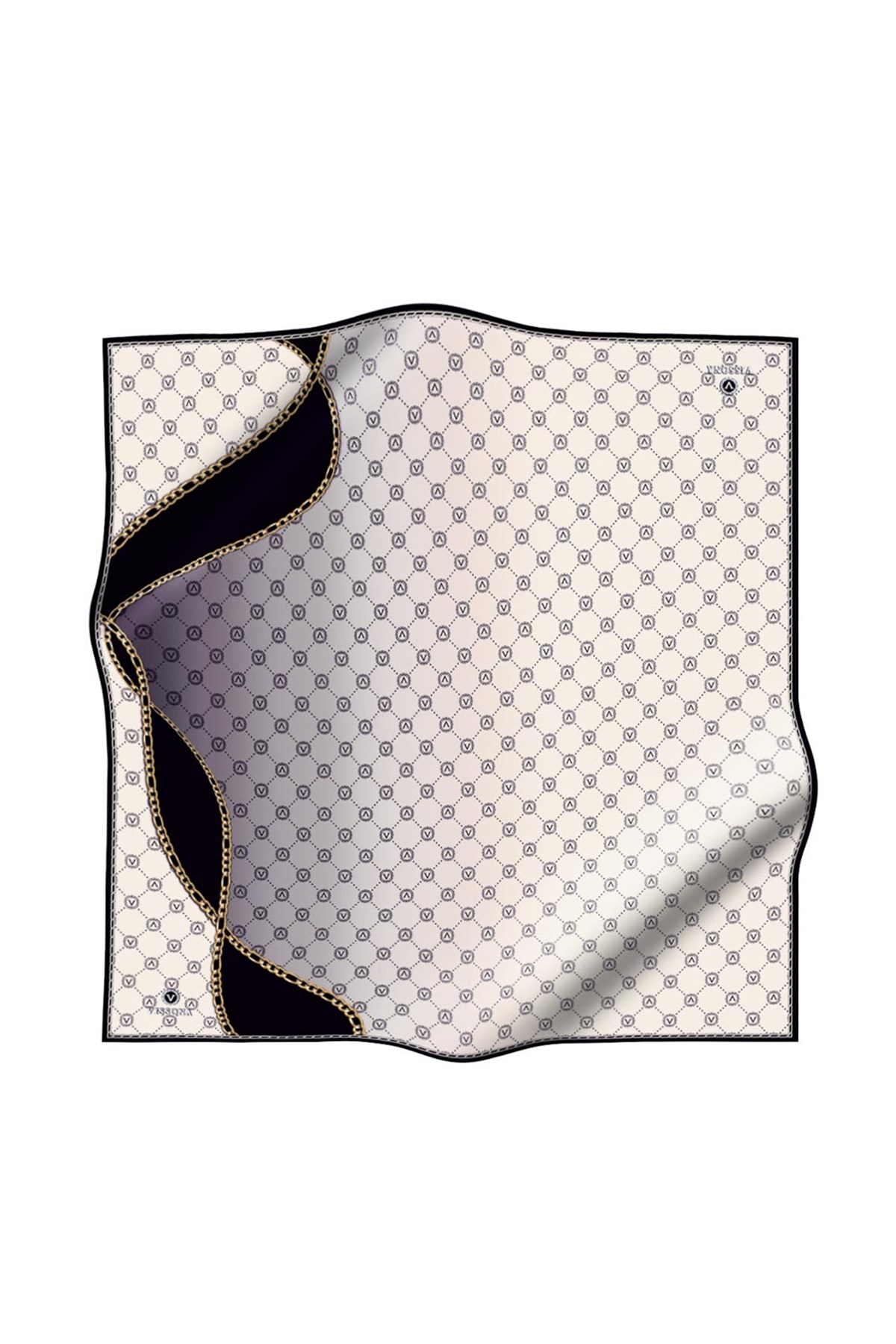 %100 Twill İpek Zincirli Ve Monogram Desenli Krem - Siyah Renkli 90x90 Eşarp Dikim Şekli : El Dikişi