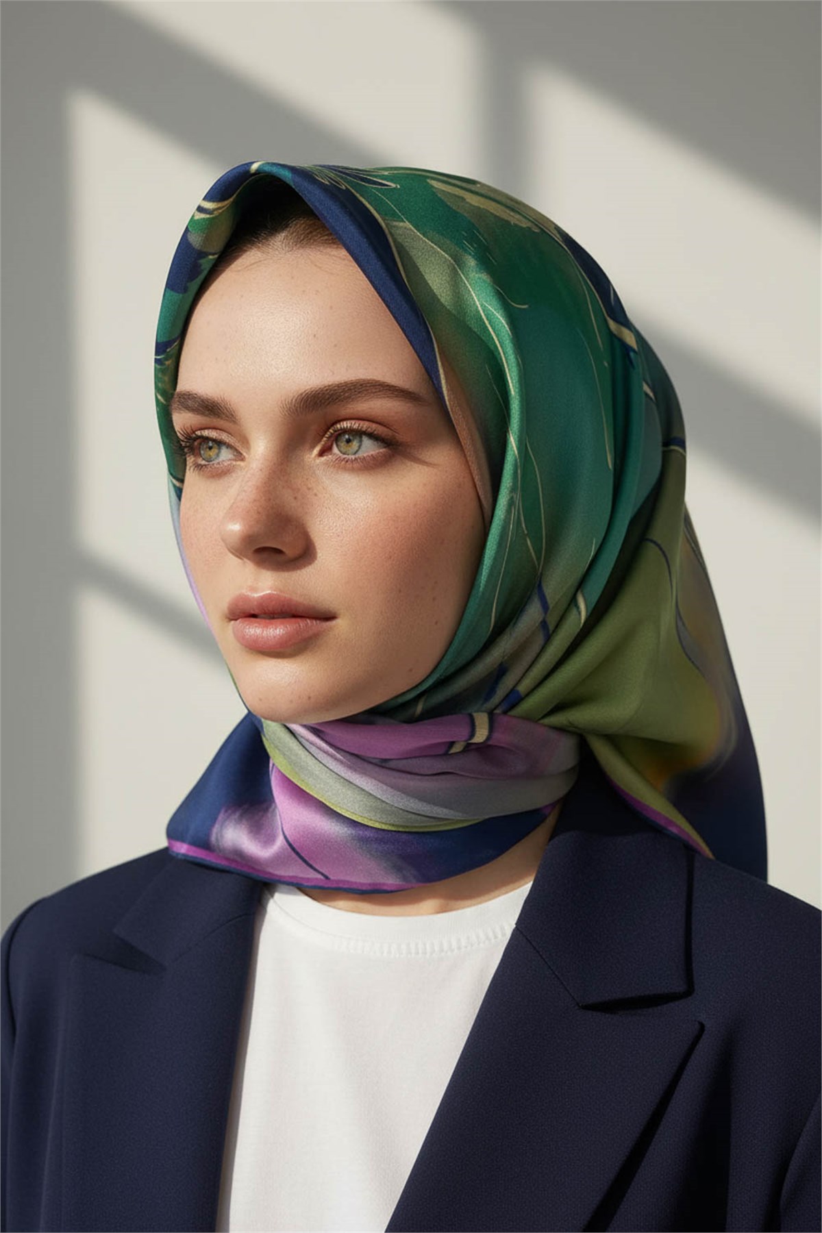 %100 Twill İpek Eşarp 90x90 Soyut Sulu Boya Desenli El Dikişli Kadın Eşarp
