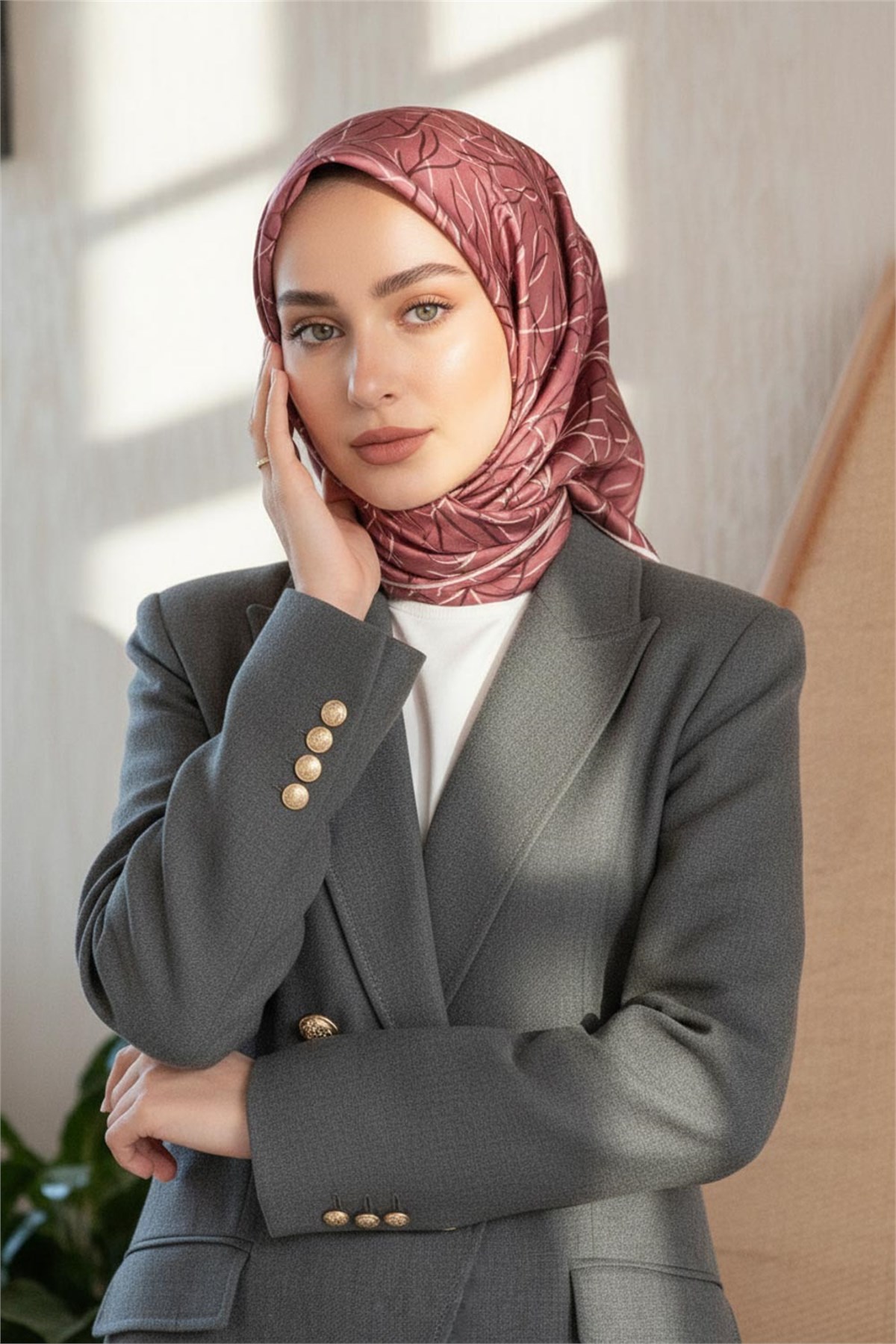 %100 Twill İpek Degrade Desenli Gül Kurusu Renkli 90x90 Eşarp Dikim Şekli : El Dikişi