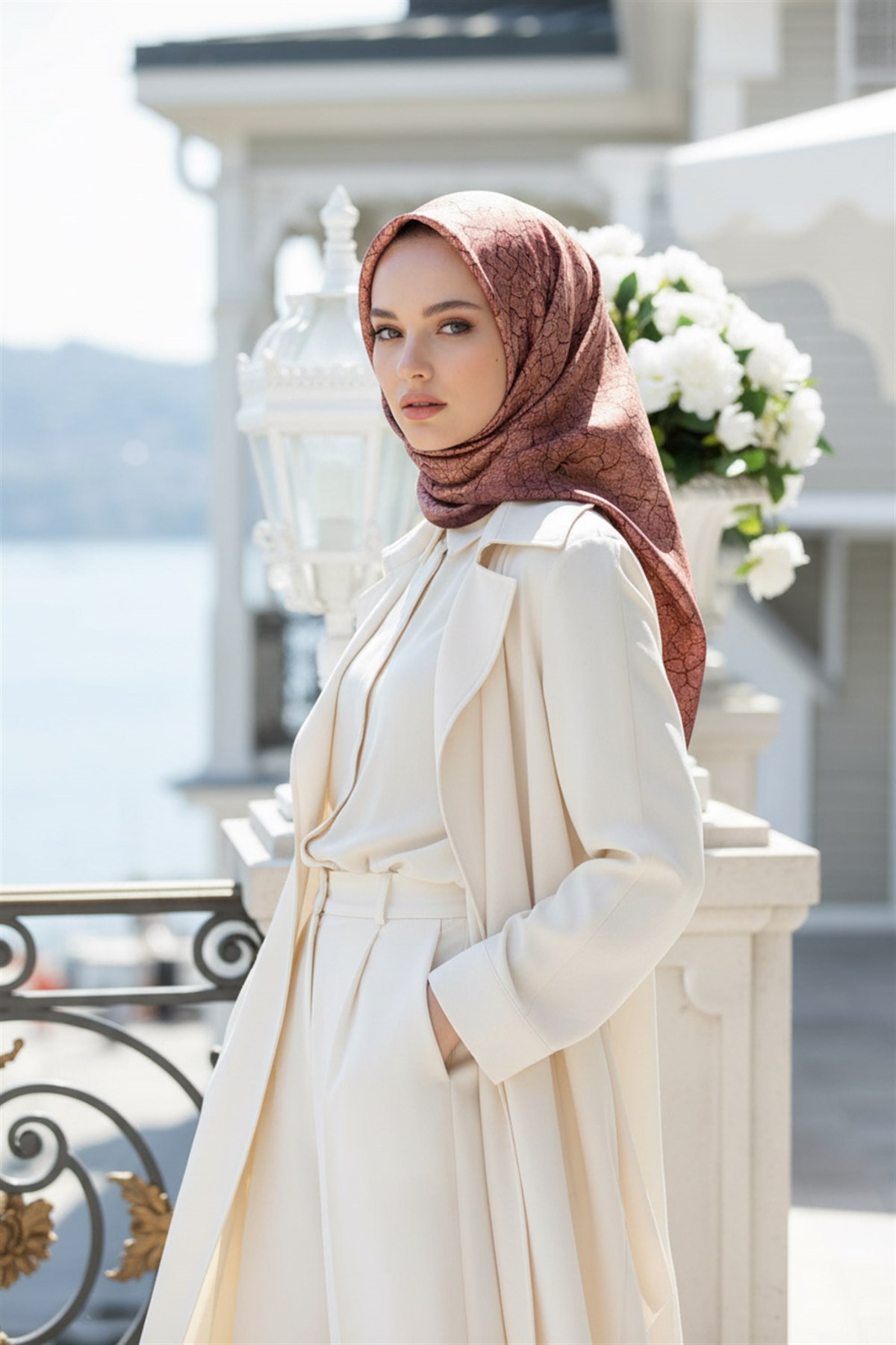 % 57 İPEK % 43 VİSKON Twill İpek Bulut  Desenli Bakır Renkli 90x90 Eşarp Dikim Şekli : El Dikişi
