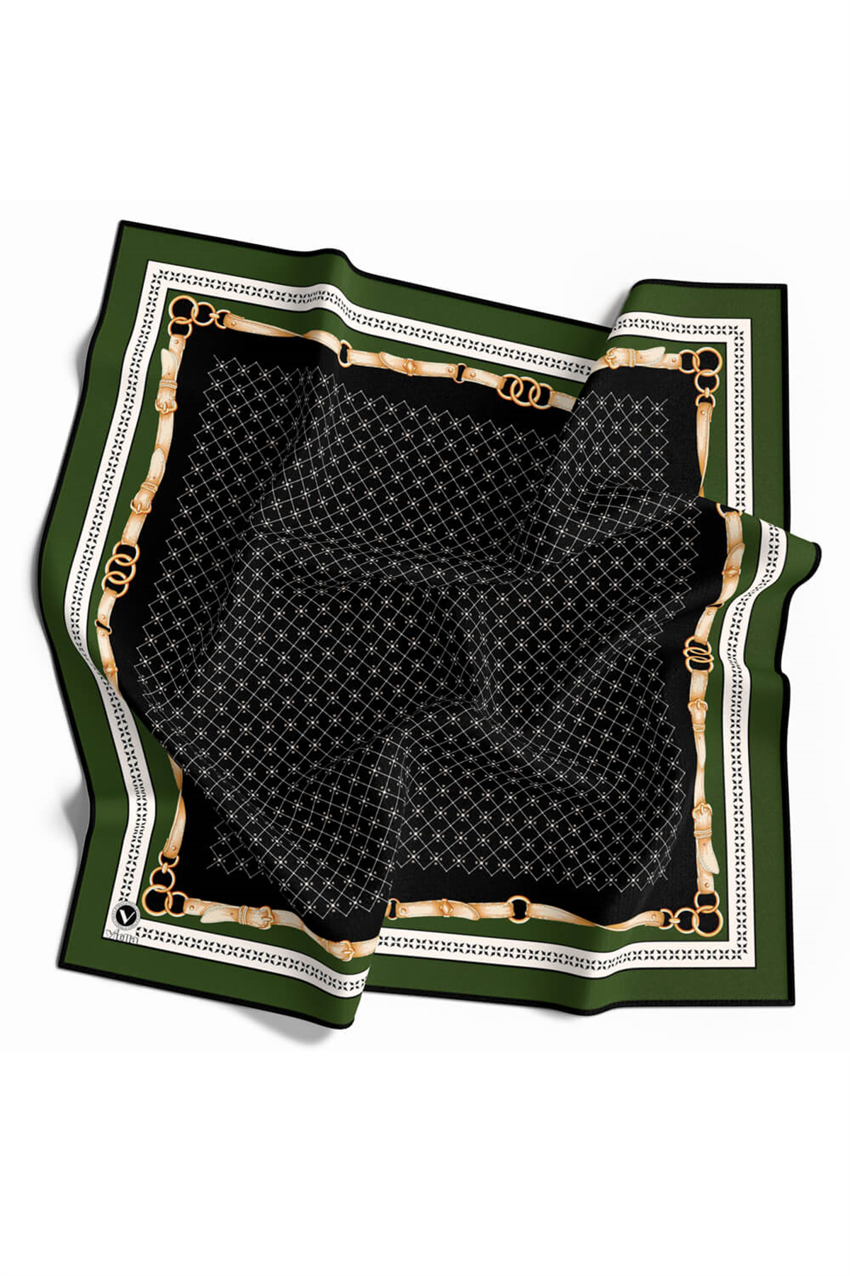 Twill Kemerli ve Çıtır Motifli Desenli Zümrüt Yeşili Renkli 90x90 Eşarp (İpek İçermez) Dikim Şekli : El Dikişi