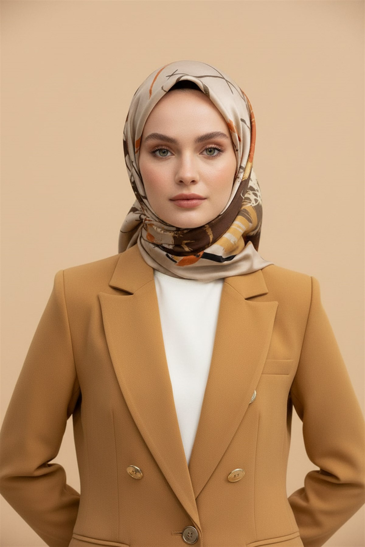 %100 Twill İpek Geometrik Desenli Bej - Taba Renkli 90x90 Eşarp Dikim Şekli : El Dikişi