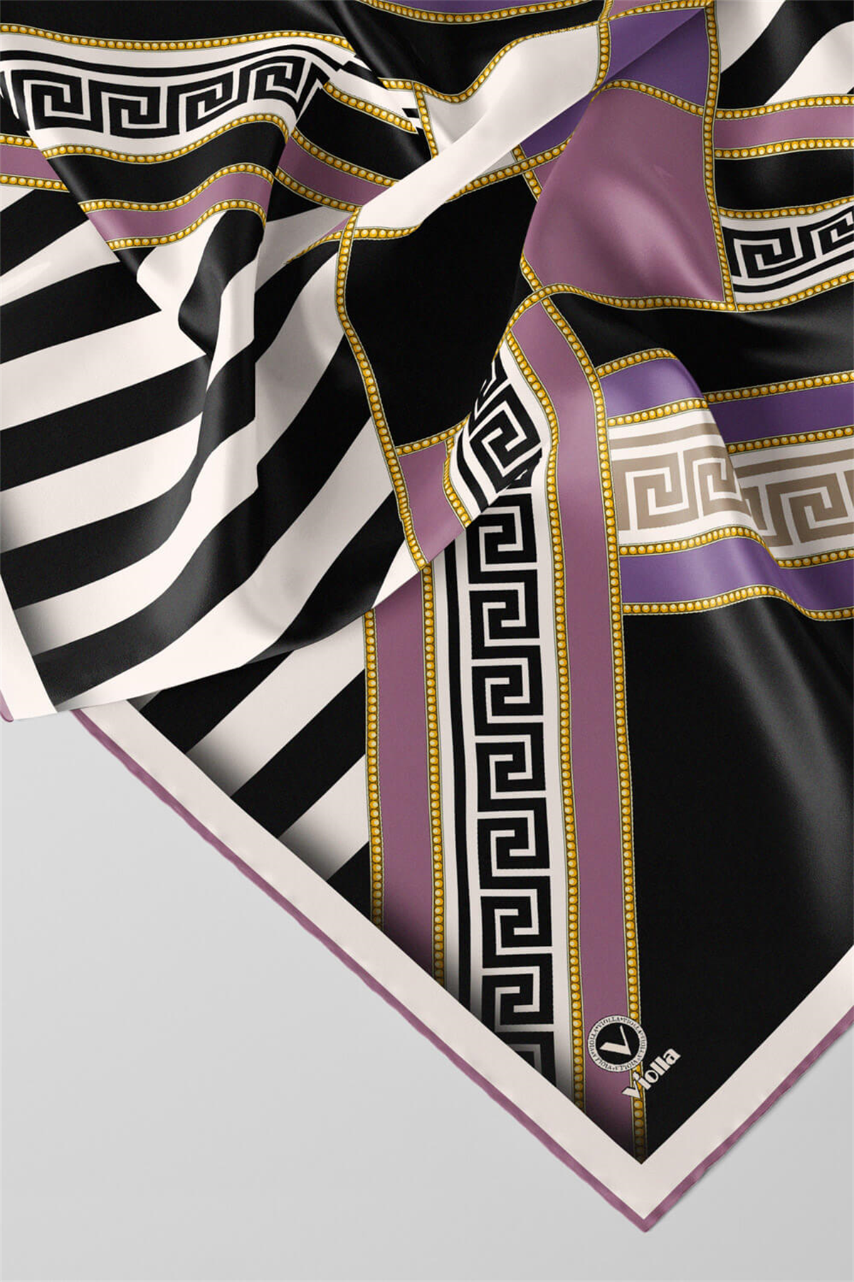 Twill Çizgili Geometrik Desenli Lila Renkli 90x90 Eşarp (İpek İçermez) Kenar Dikiş Şekli El Dikişli