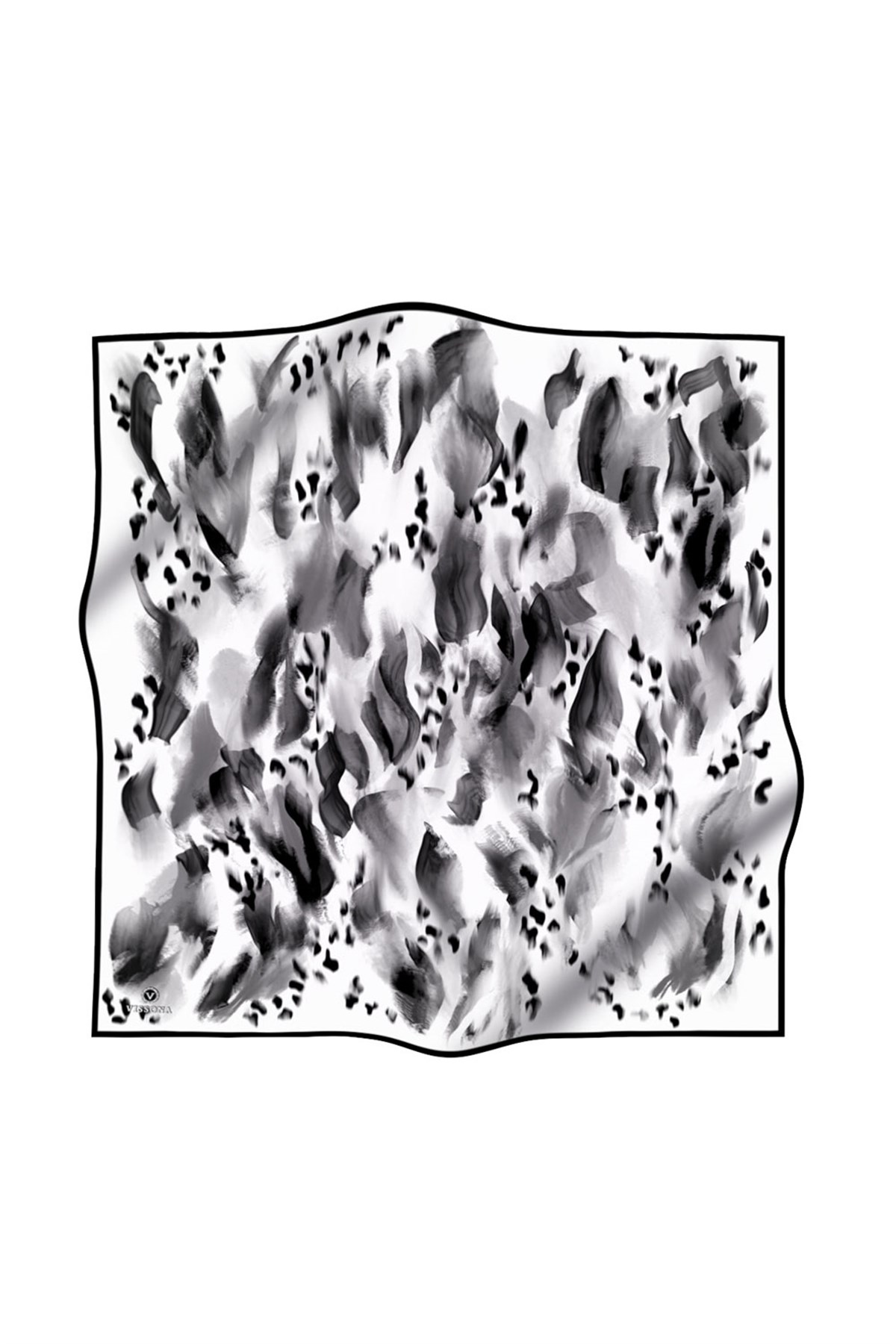 %100 Twill İpek Batik Desenli Siyah - Beyaz Renkli 90x90 Eşarp Dikim Şekli : El Dikişi