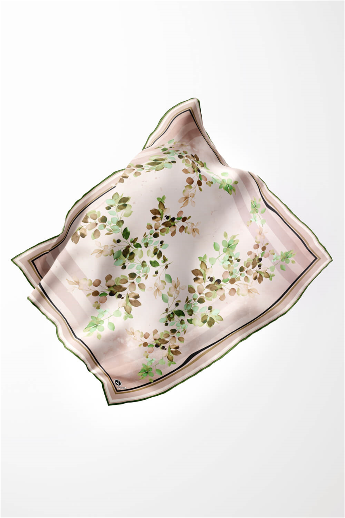 Twill Çiçek Desenli Zümrüt Yeşili Renkli 90x90 Eşarp (İpek İçermez) Kenar Dikiş Şekli El Dikişli