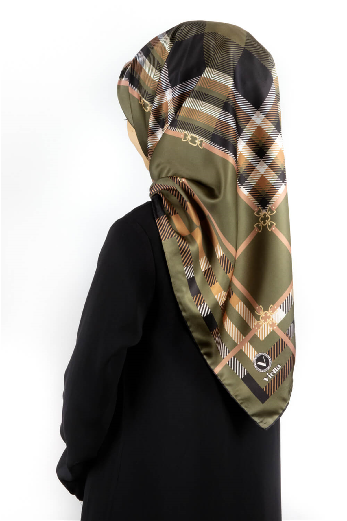 Twill Kemerli ve Ekose Desenli Haki Yeşili Renkli 90x90 Eşarp (İpek İçermez)Kenar Dikiş Şekli El Dikişli