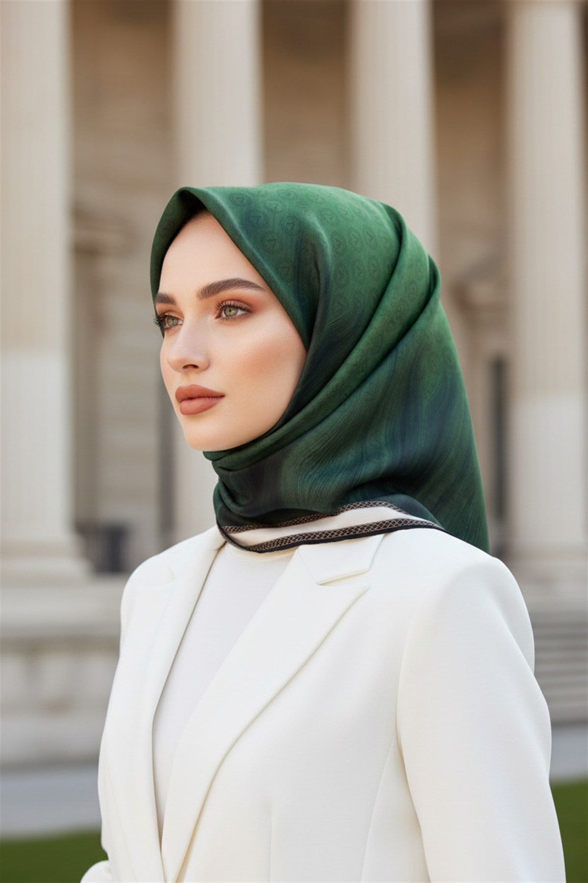 % 57 İPEK % 43 VİSKON Twill İpek Monogram Desenli Zümrüt Yeşili Renkli 90x90 Dikim Şekli : El Dikişi Eşarp