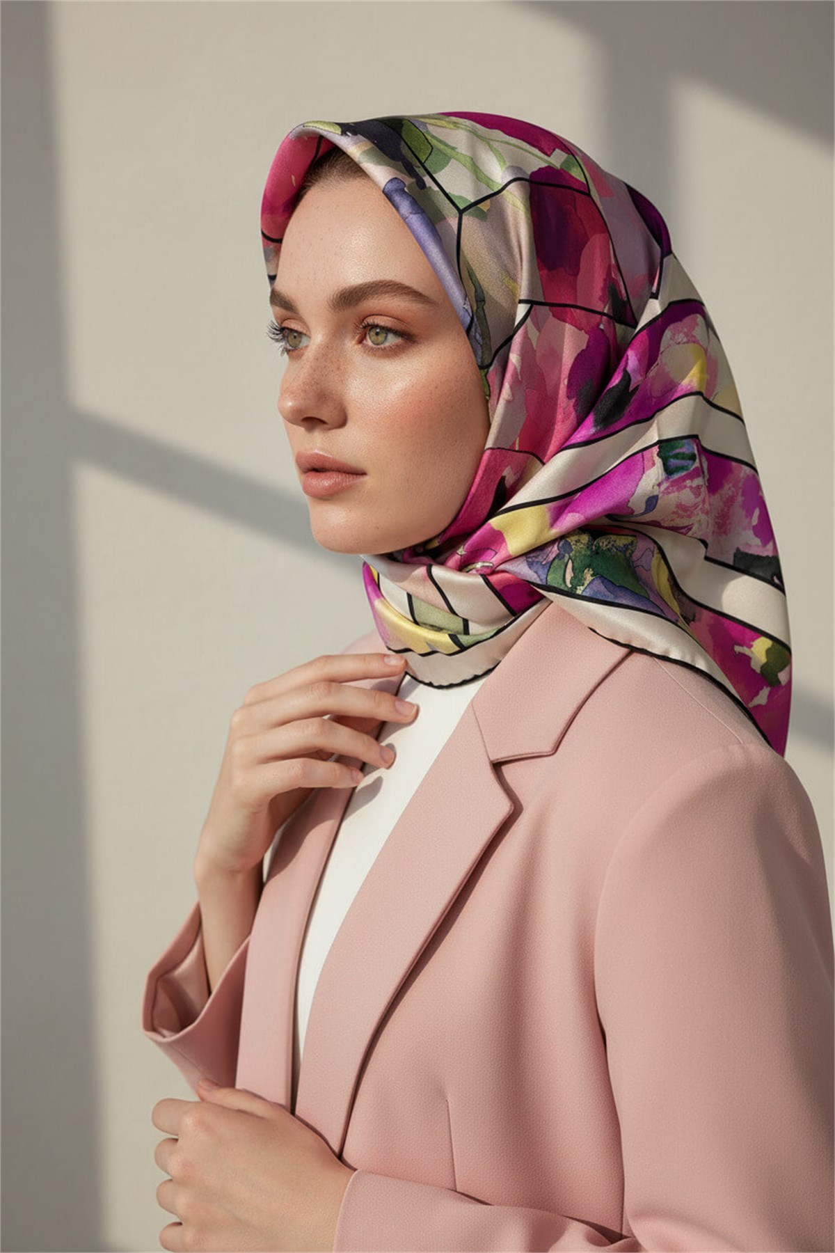 %100 Twill İpek Bahar Çiçekleri Desenli Mürdüm - Bebe Mavisi Renkli 90x90 Eşarp Kenar Dikiş Şekli El Dikişli