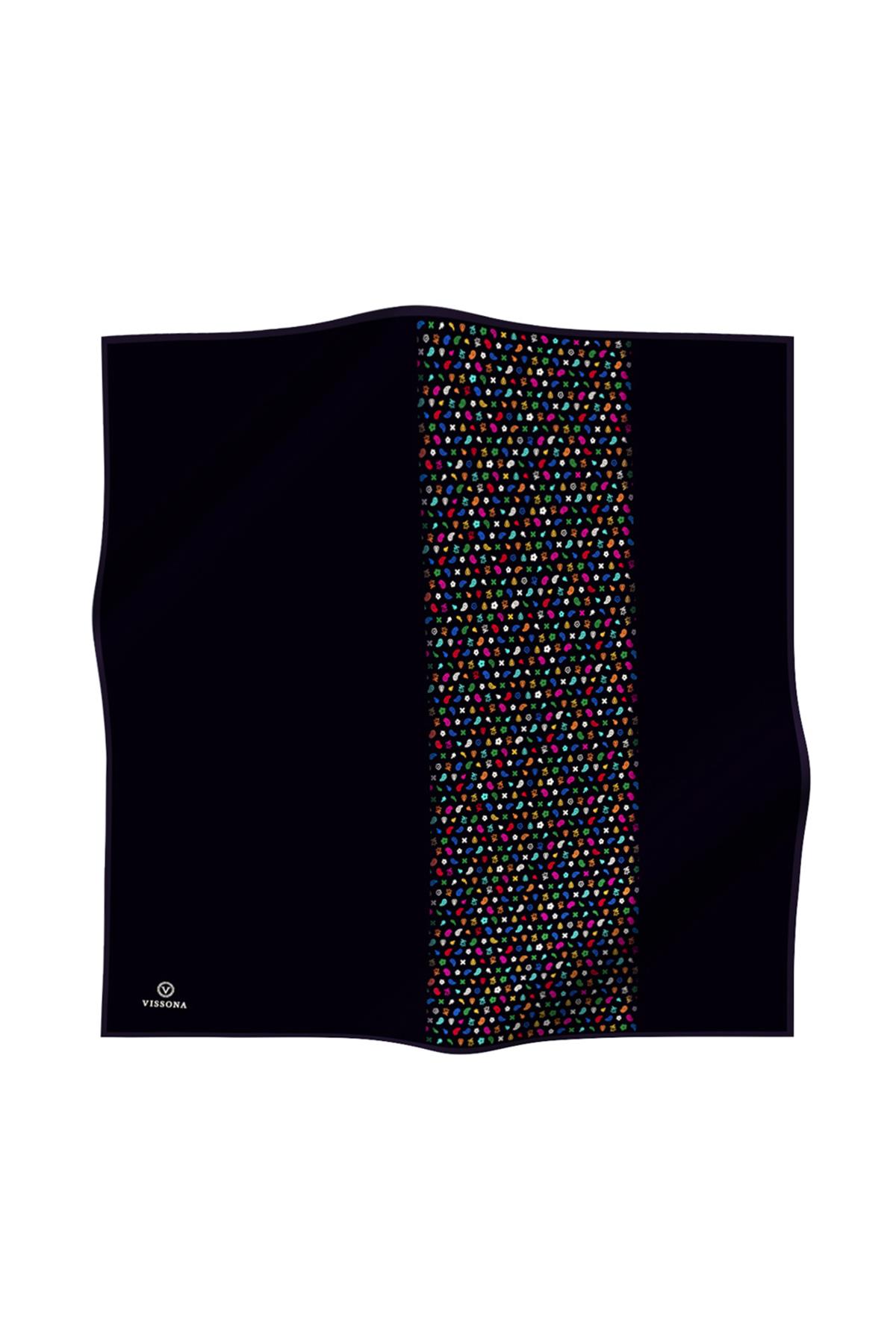 %100 Twill İpek Çıtır Şerit Desenli Siyah - Siyah Renkli 90x90 Eşarp Dikim Şekli : El Dikişi