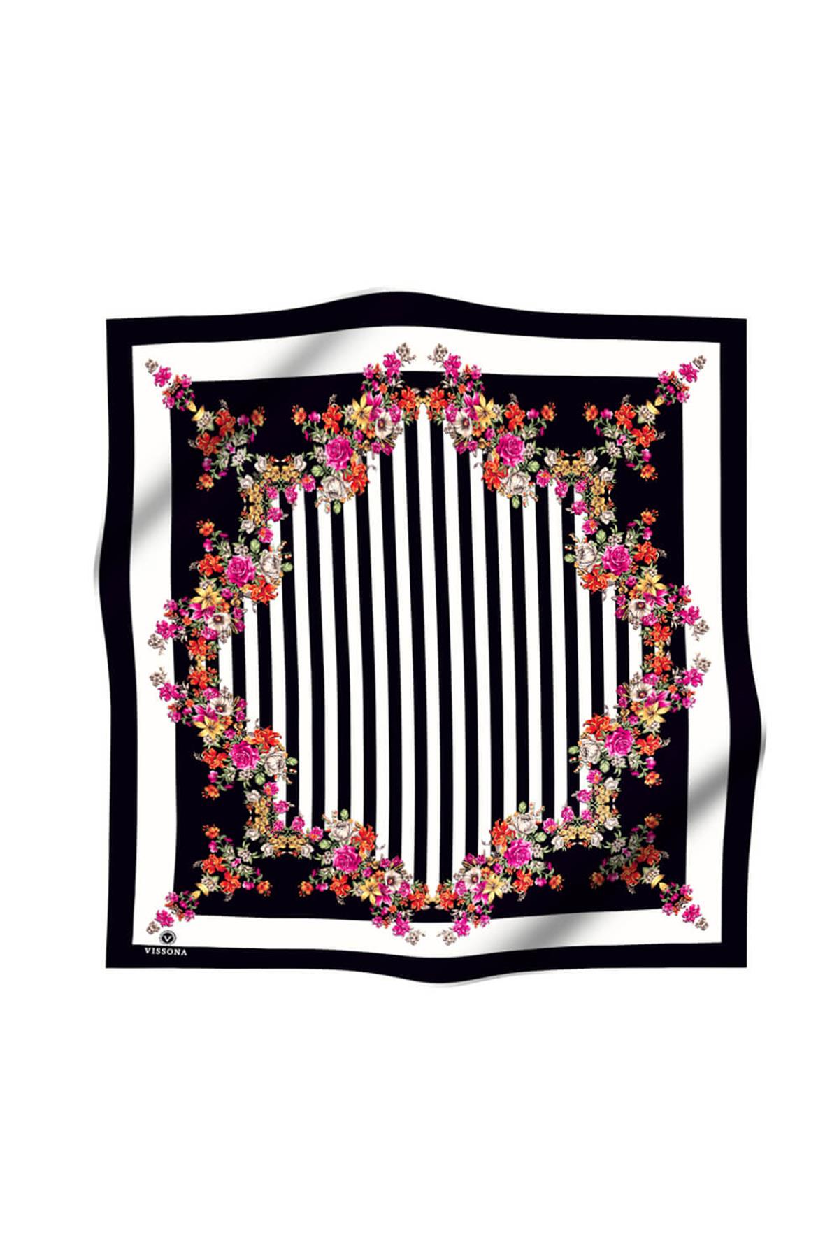 %100 Twill İpek Çıtır Çiçekli Ve Çizgi Desenli Siyah - Fuşya Renkli 90x90 Eşarp Dikim Şekli : El Dikişi