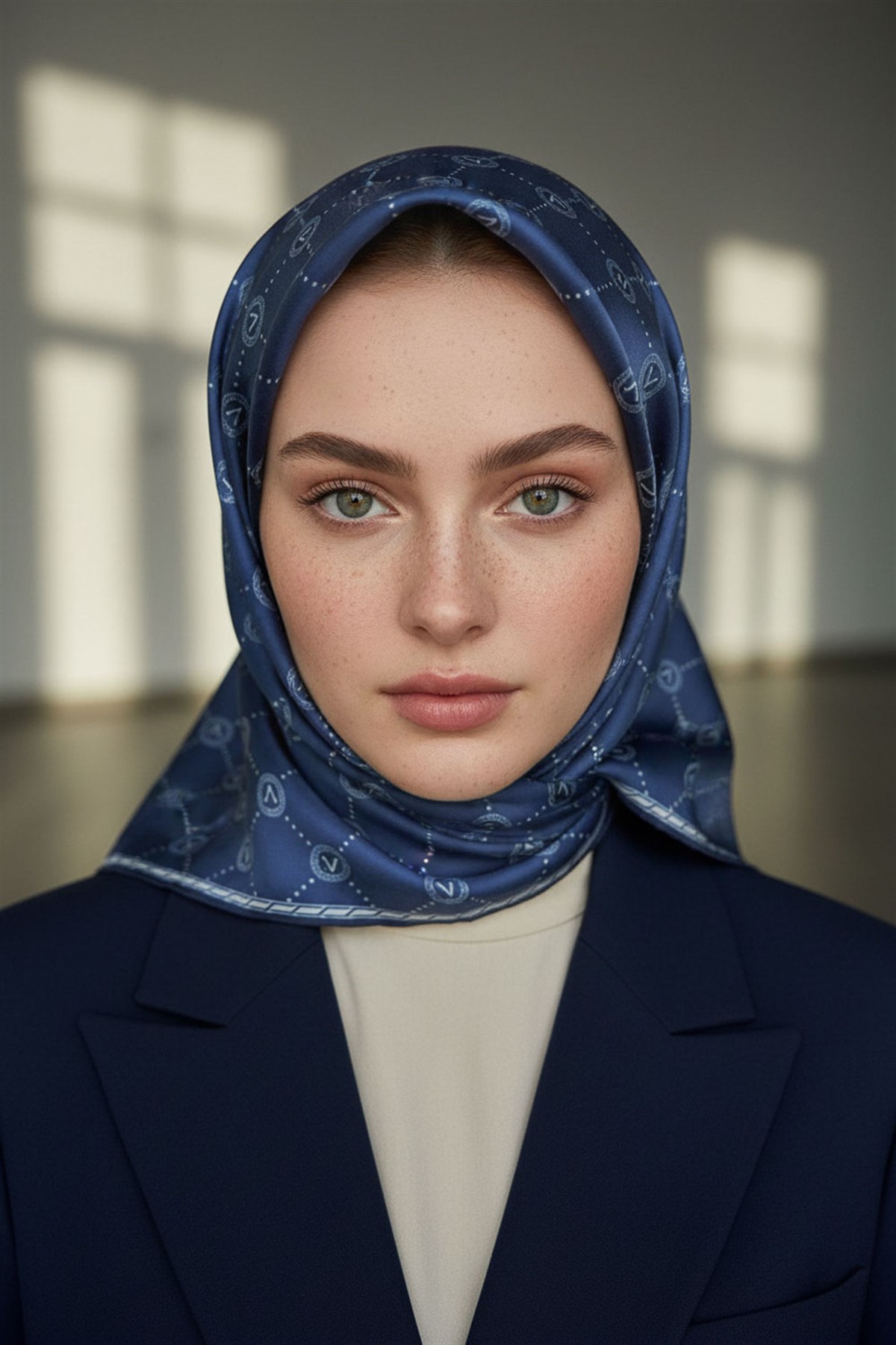 %100 Twill İpek Monogram Desenli İndigo Renkli 90x90 Eşarp Dikim Şekli : El Dikişi