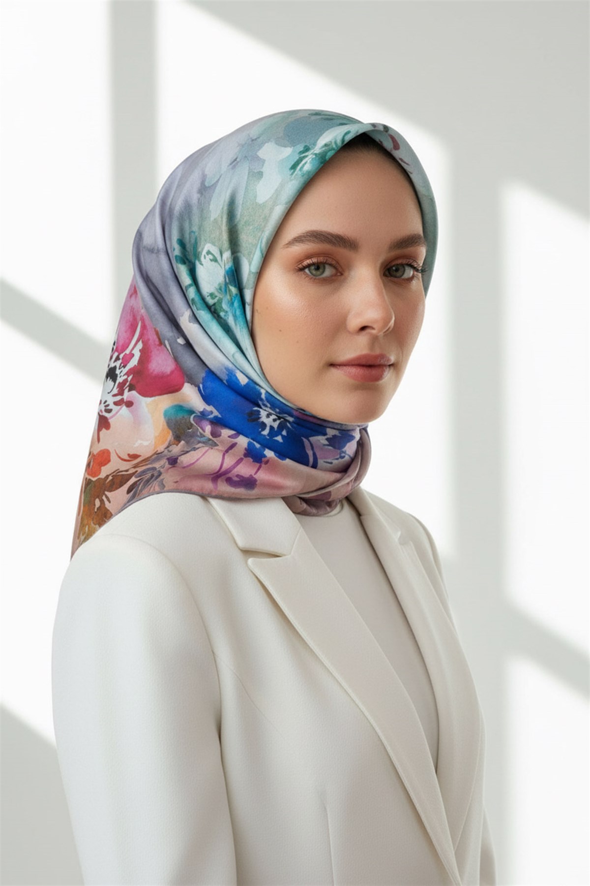 %100 Twill İpek Çiçek  Desenli Gri Renkli 90x90 Eşarp Dikim Şekli : El Dikişi