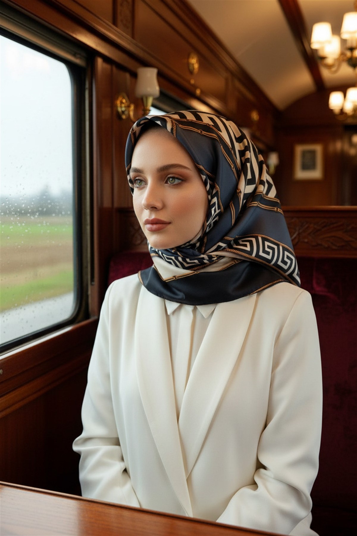 %100 Twill İpek Labirent Ve Geometrik Desenli Lacivert - İndigo Renkli 90x90 Eşarp Dikim Şekli : El Dikişi