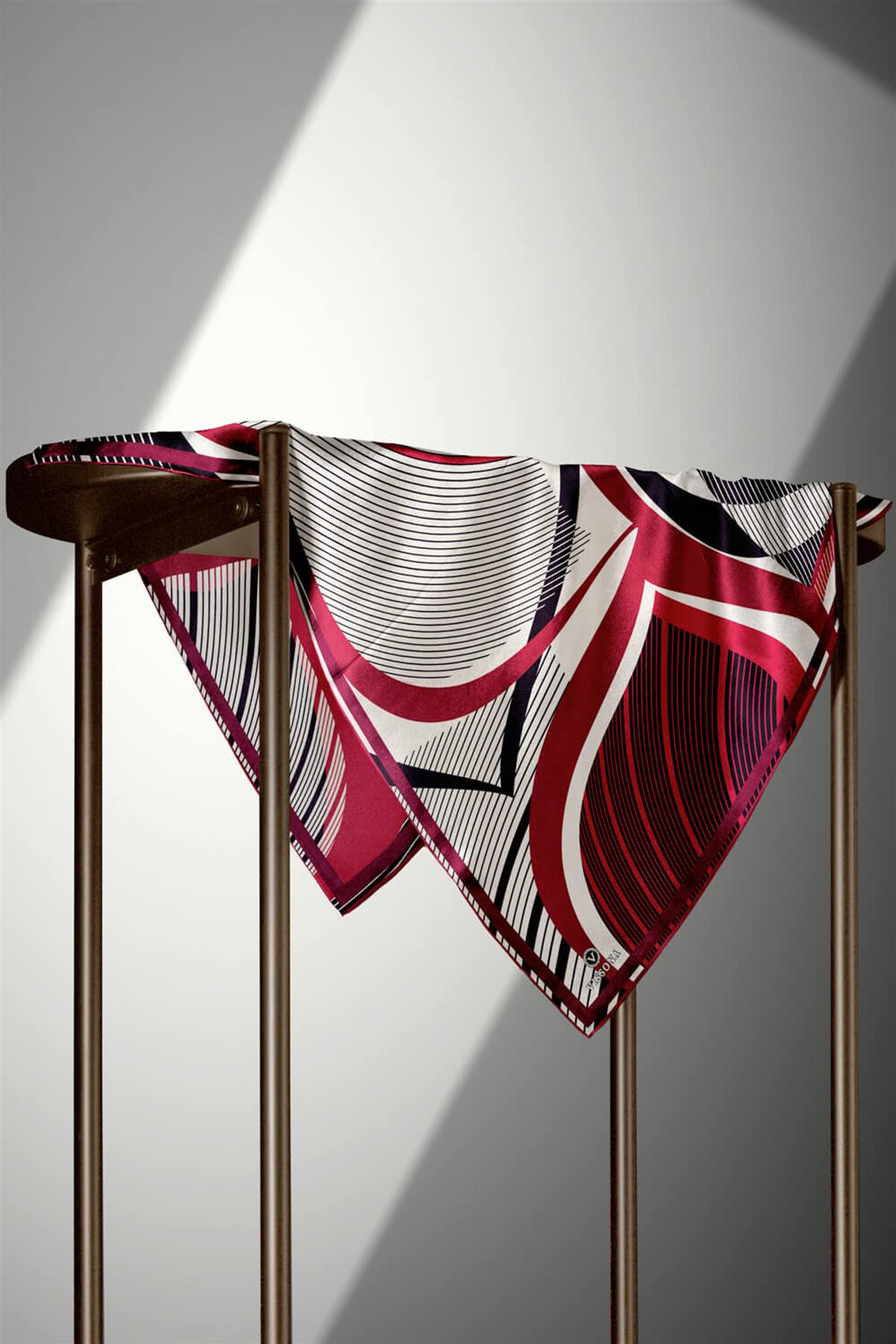 %100 Twill İpek Çizgili Geometrik Desenli Kırmızı - Krem Renkli 90x90 Eşarp Dikim Şekli : El Dikişi