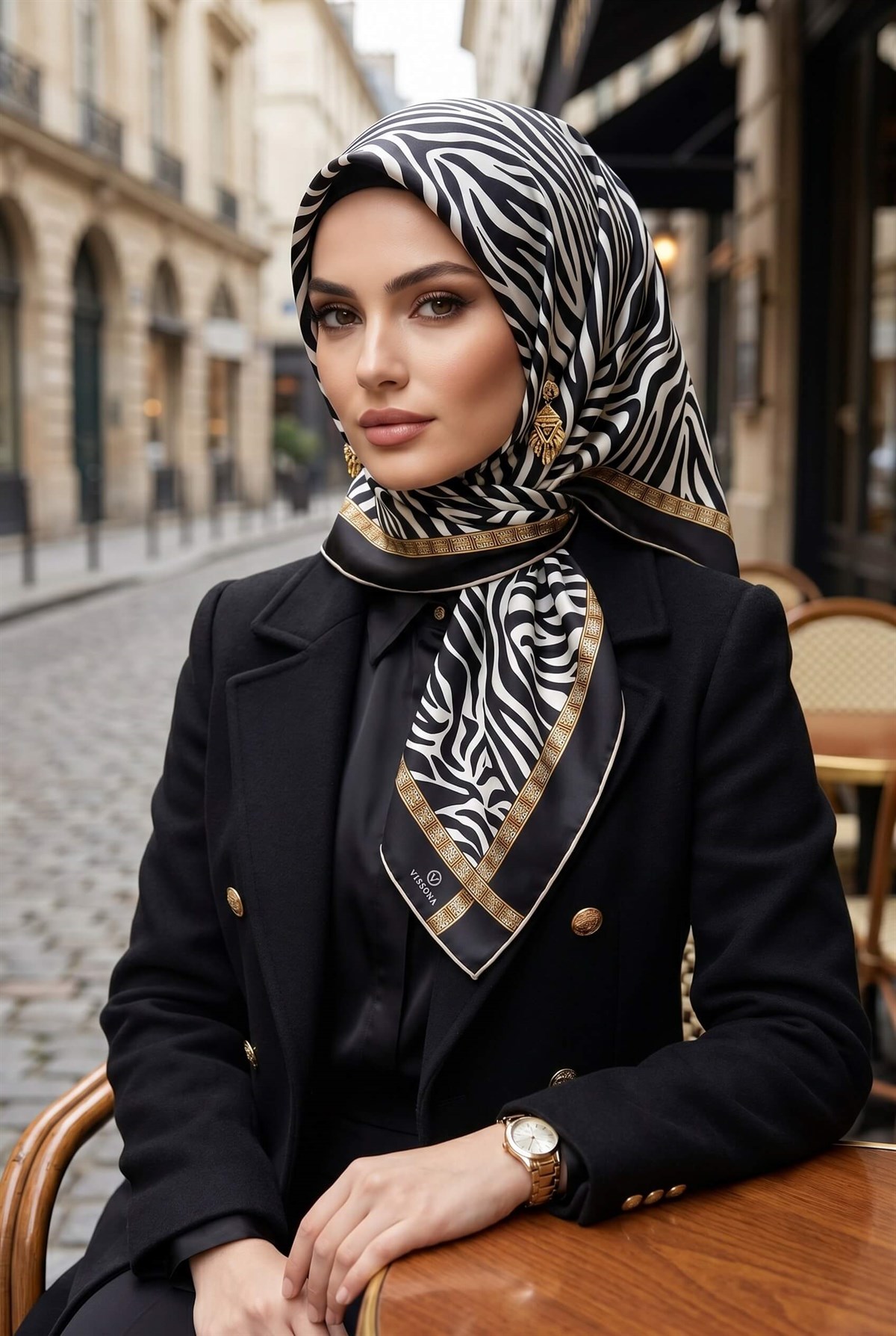 %100 Twill İpek Zebra Desenli Siyah - Beyaz Renkli 90x90 Eşarp Dikim Şekli : El Dikişi