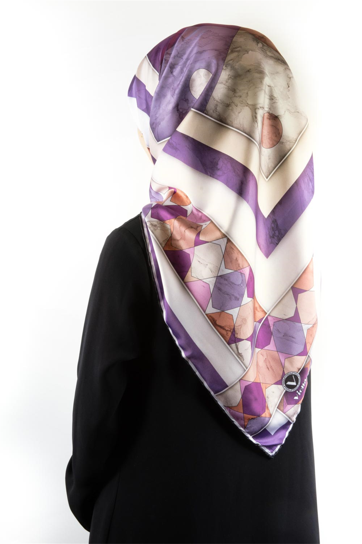 Twill Geometrik Mermer Desenli Lila Renkli 90x90 Eşarp (İpek İçermez) Kenar Dikiş Şekli El Dikişli