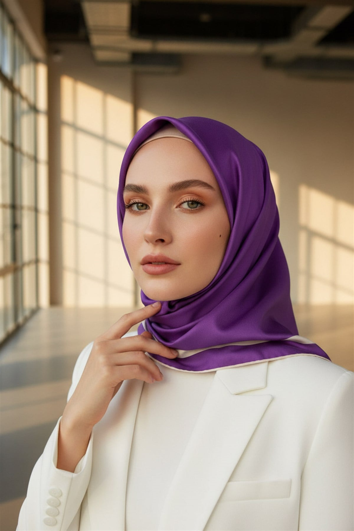 100% Twill İpek Düz Renk Bordür Desenli Mor - Krem Renkli Daha Tok Exclusive Serisi 90x90 Dikim Şekli : El Dikişi Eşarp