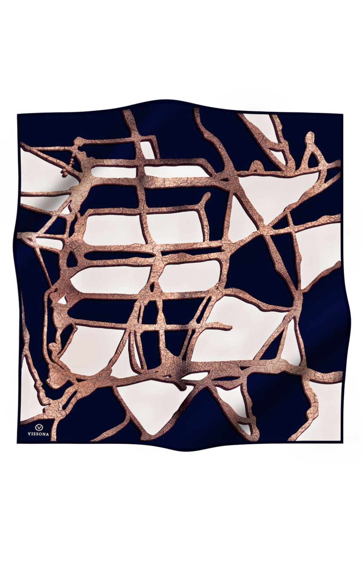 % 57 İPEK % 43 VİSKON Twill İpek Gold Efektli Geometrik Desenli Lacivert - Krem Renkli 90x90 Eşarp Dikim Şekli : El Dikişi