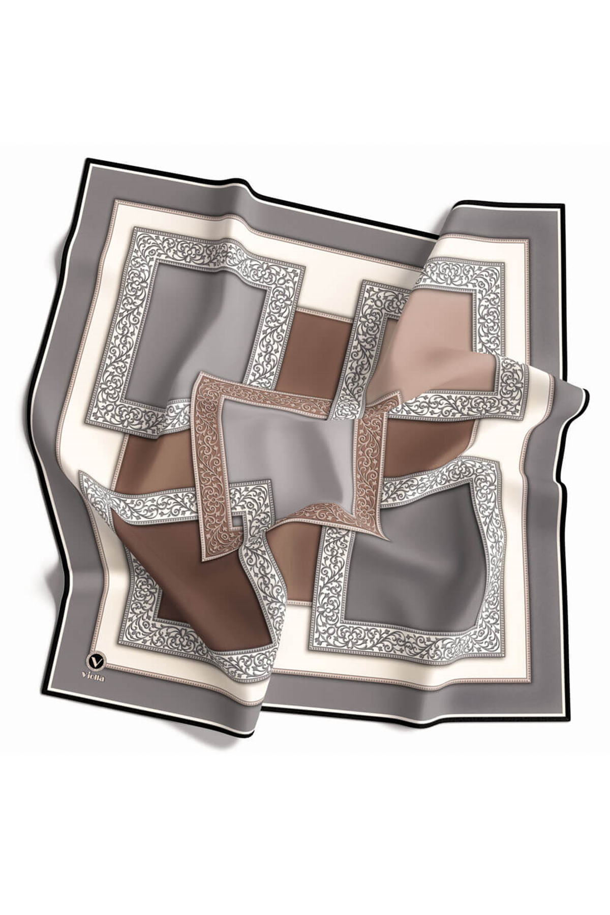 Kristal Geometrik Desenli Gri - Bej Renkli 90x90 Eşarp (İpek İçermez) Kenar Dikiş Şekli El Dikişli