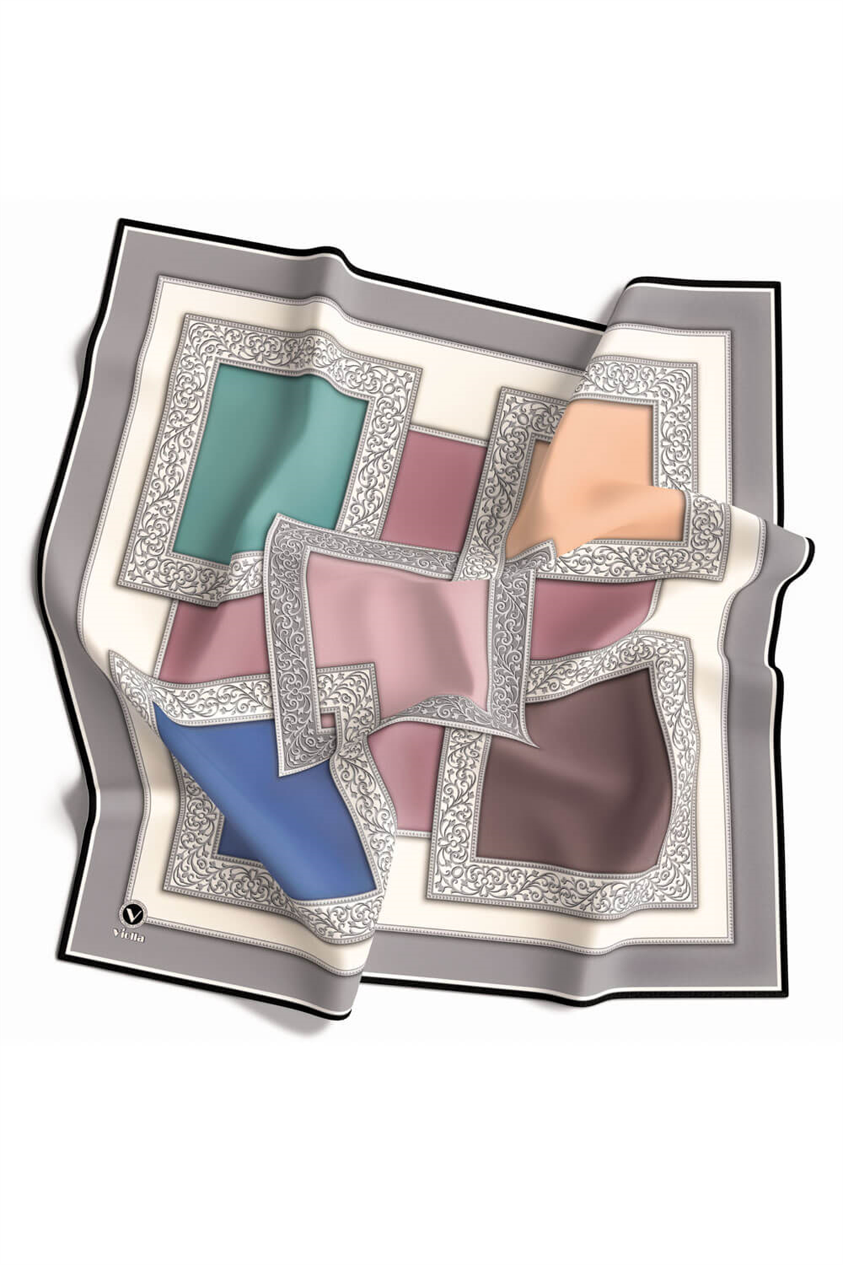 Kristal Geometrik Desenli Gri - Pudra Renkli 90x90 Eşarp (İpek İçermez) Kenar Dikiş Şekli El Dikişli