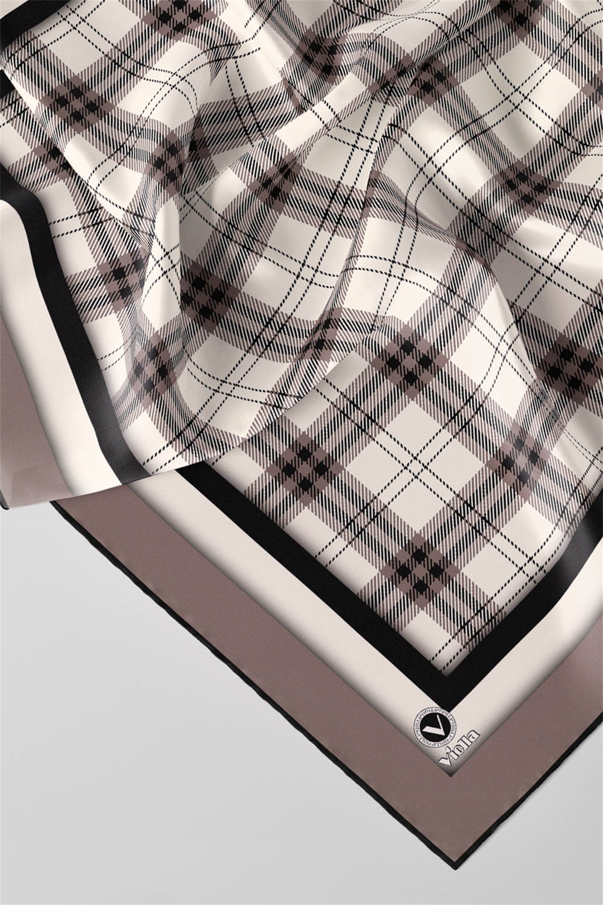 Twill Ekose Desenli Bej Renkli 90x90 Eşarp (İpek İçermez) Kenar Dikiş Şekli El Dikişli