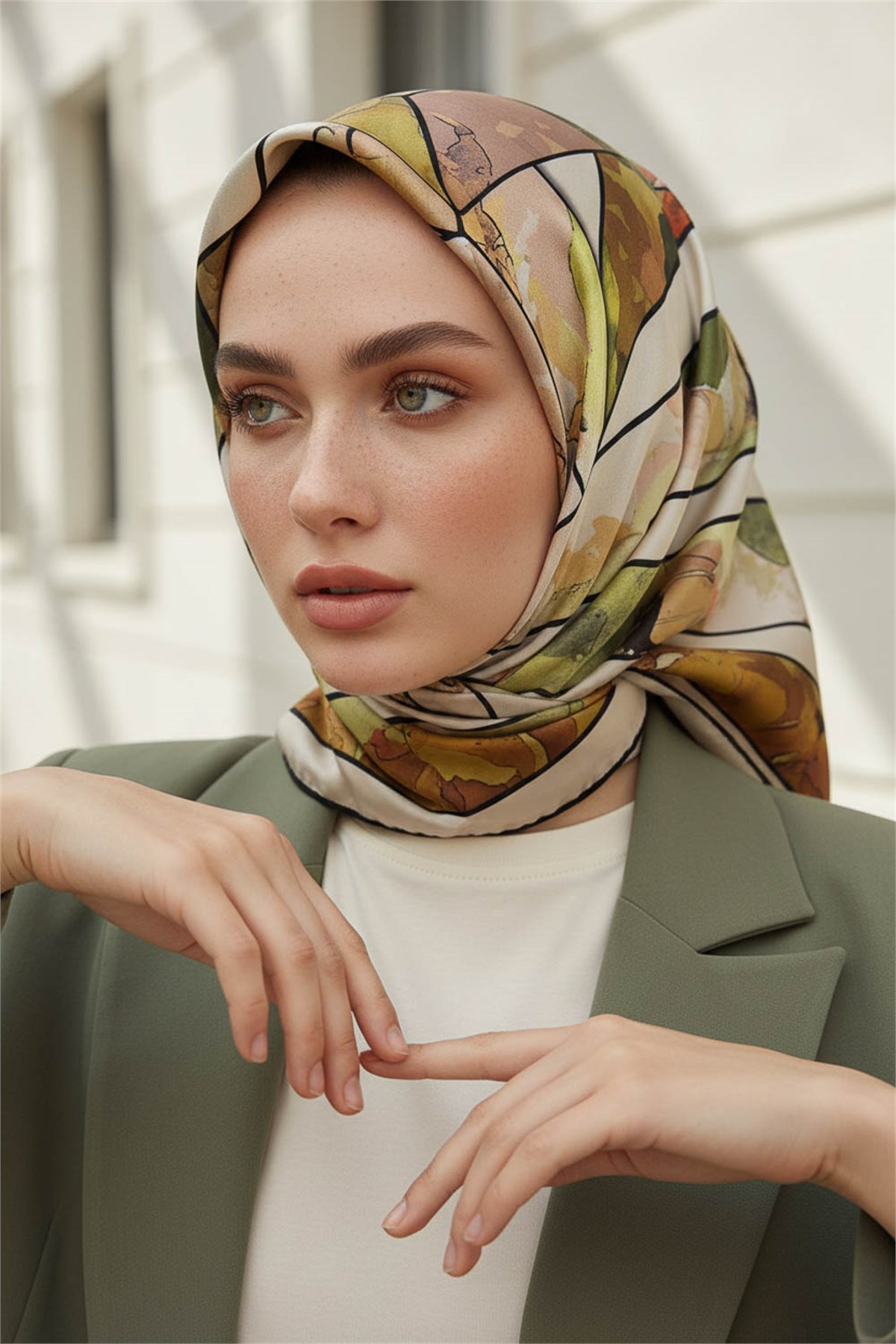 %100 Twill İpek Bahar Çiçekleri Desenli Haki Yeşil - Vizon Renkli 90x90 Eşarp Kenar Dikiş Şekli El Dikişli