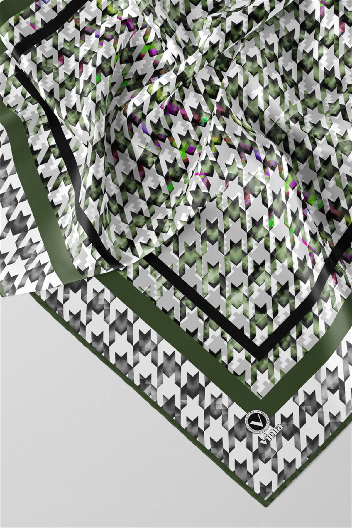 Twill Kazayağı Desenli Haki Renkli 90x90 Eşarp (İpek İçermez) Kenar Dikiş Şekli El Dikişli