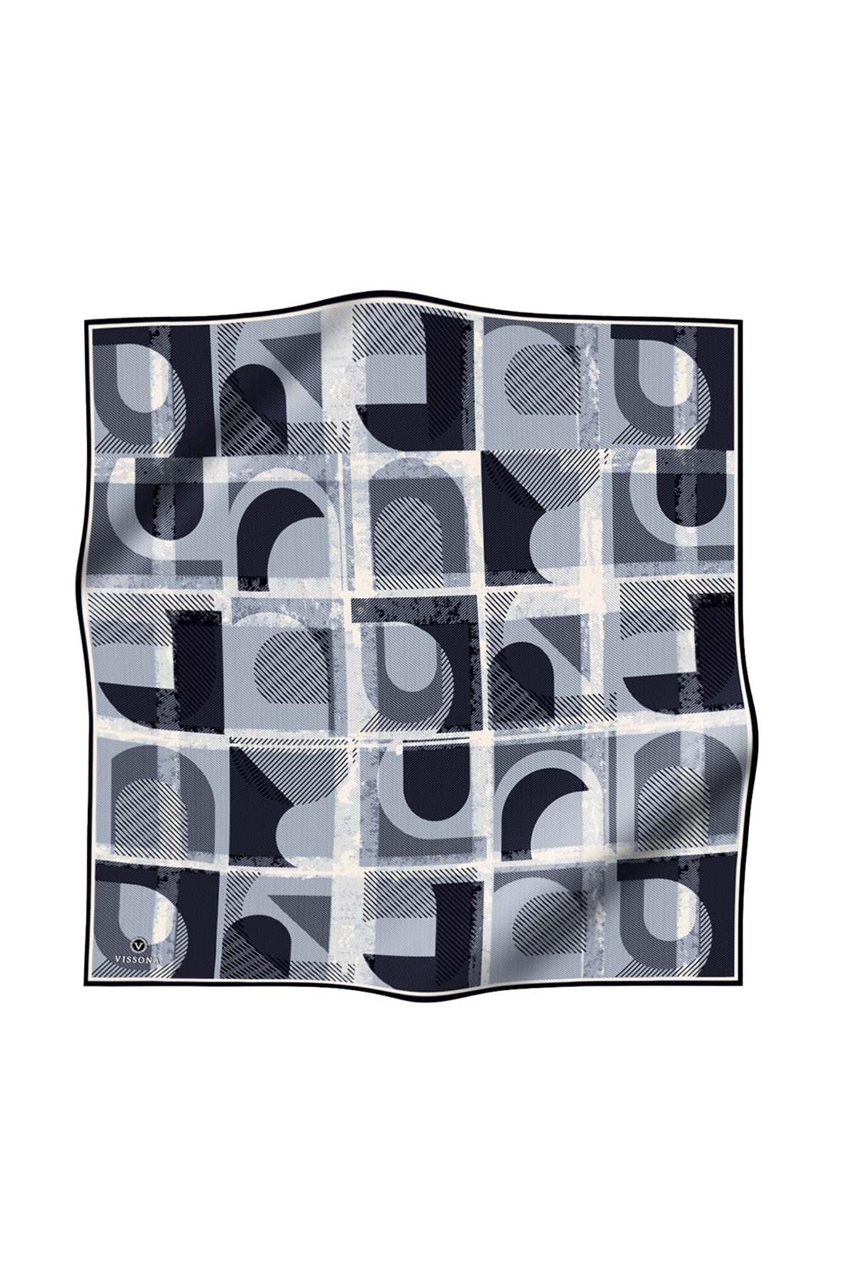 %100 Twill İpek Geometri Desenli Siyah-Krem Renkli 90x90 Eşarp Kenar Dikiş Şekli El Dikişli