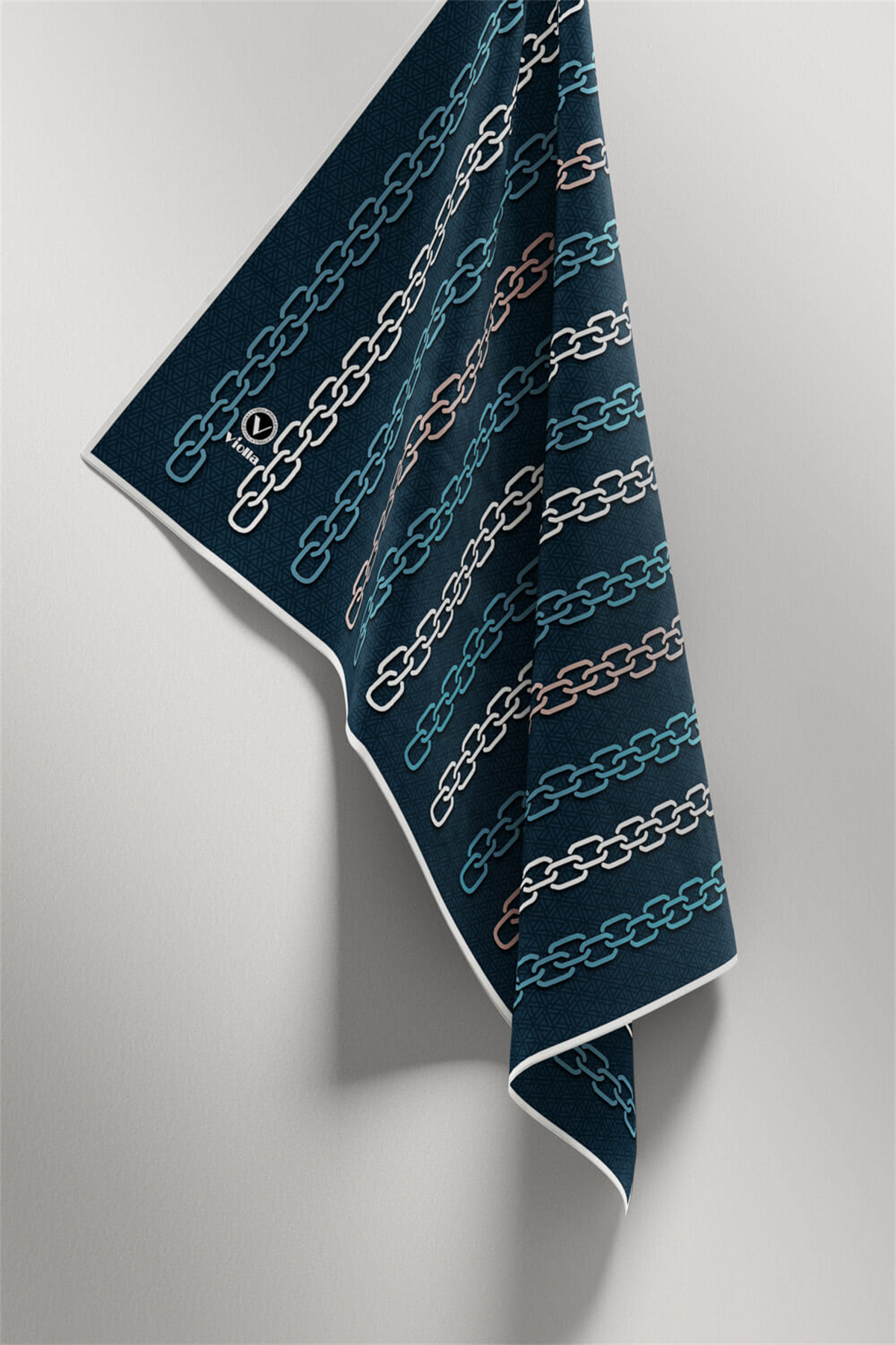 Twill Zincir Desenli Petrol Mavisi Renkli 90x90 Eşarp (İpek İçermez) Kenar Dikiş Şekli El Dikişli