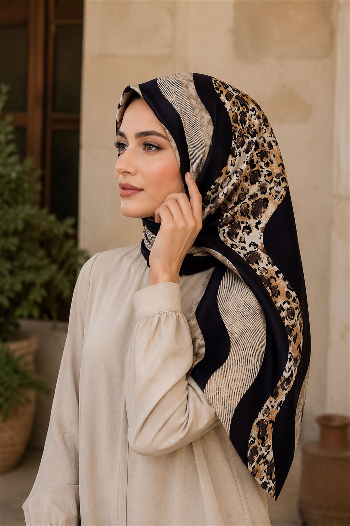 %100 Twill İpek Leopar Ve Geometrik Desenli Hardal Renkli 90x90 Eşarp Dikim Şekli : El Dikişi