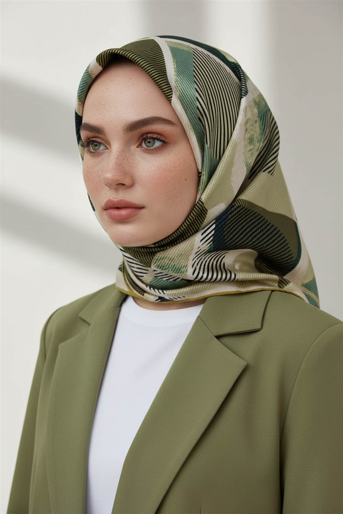 %100 Twill İpek Geometri Desenli Küf Yeşili - Krem Renkli 90x90 Eşarp Kenar Dikiş Şekli El Dikişli