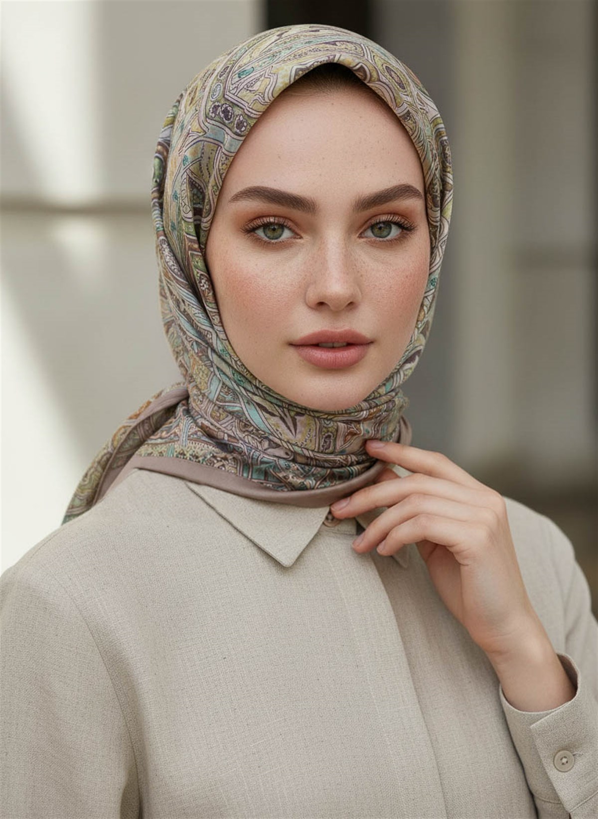 %100 Saf İpek Şal İnce Saten Vual Dokuma Etnik Desenli Taş Renkli 90x210 Şal