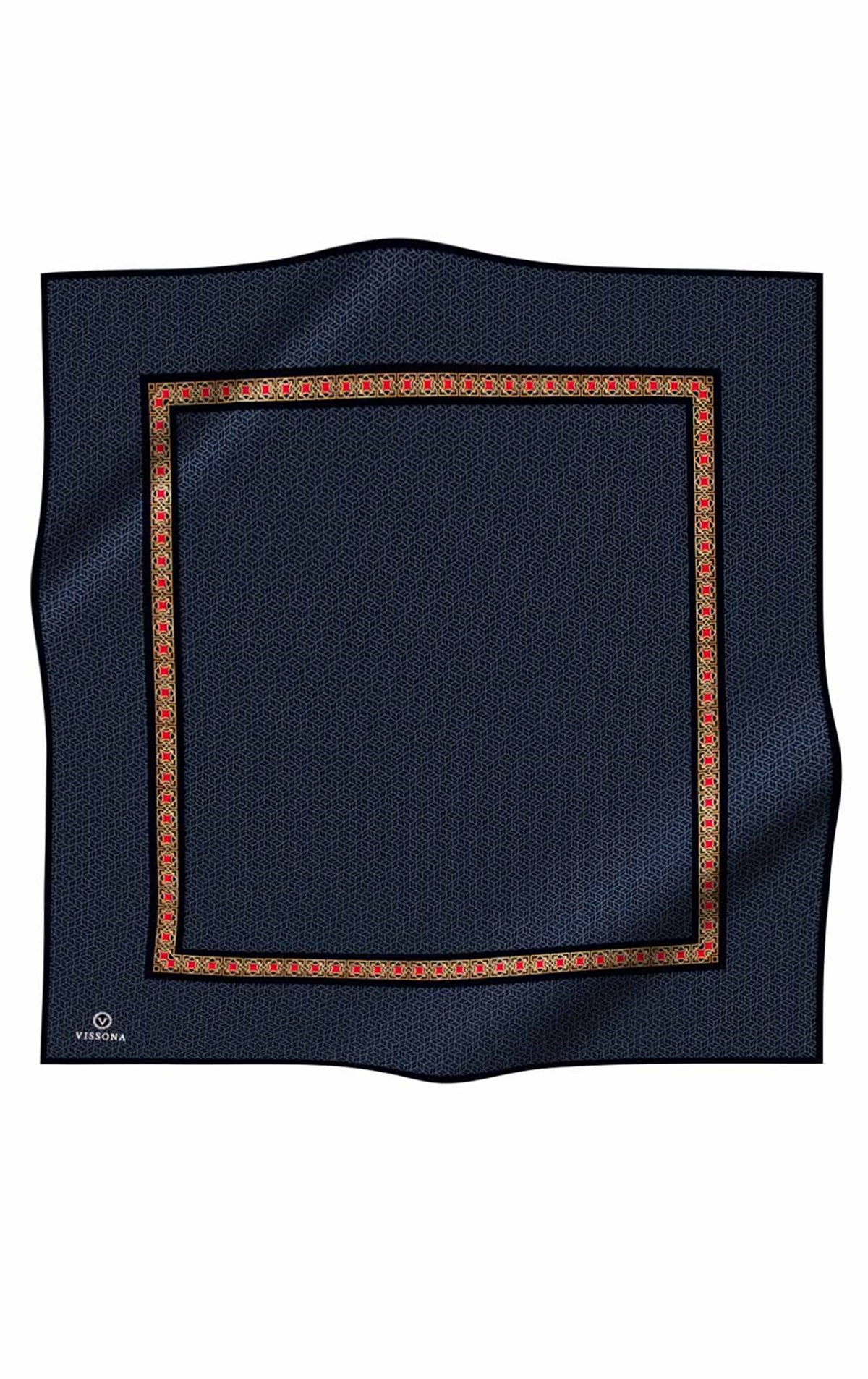 % 57 İPEK % 43 VİSKON Twill İpek Geometrik Desenli İndigo - Siyah Renkli 90x90 Eşarp Dikim Şekli : El Dikişi