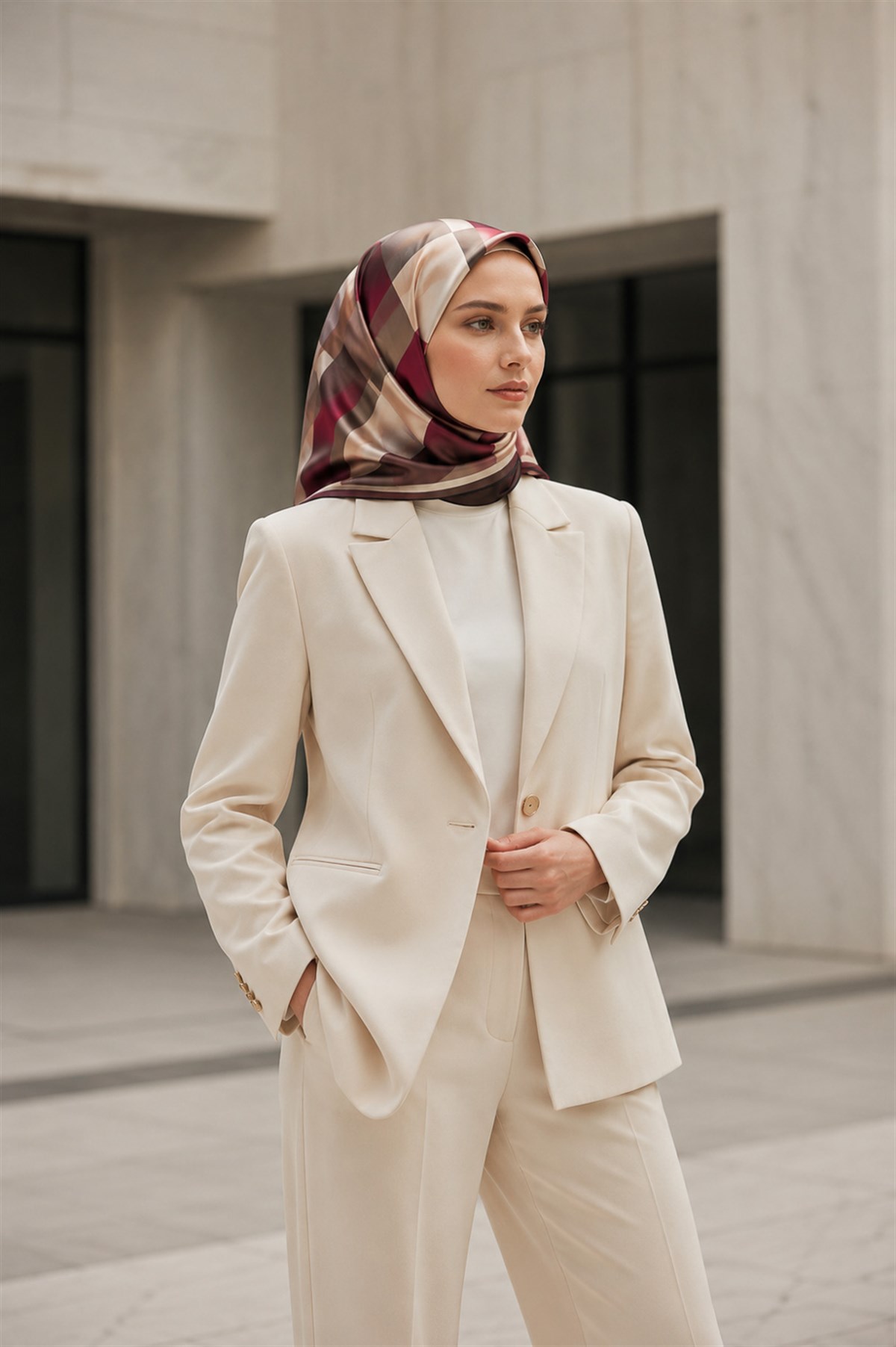 % 57 İPEK % 43 VİSKON Twill İpek Geometrik Desenli Bej - Bordo Renkli 90x90 Eşarp Dikim Şekli : El Dikişi