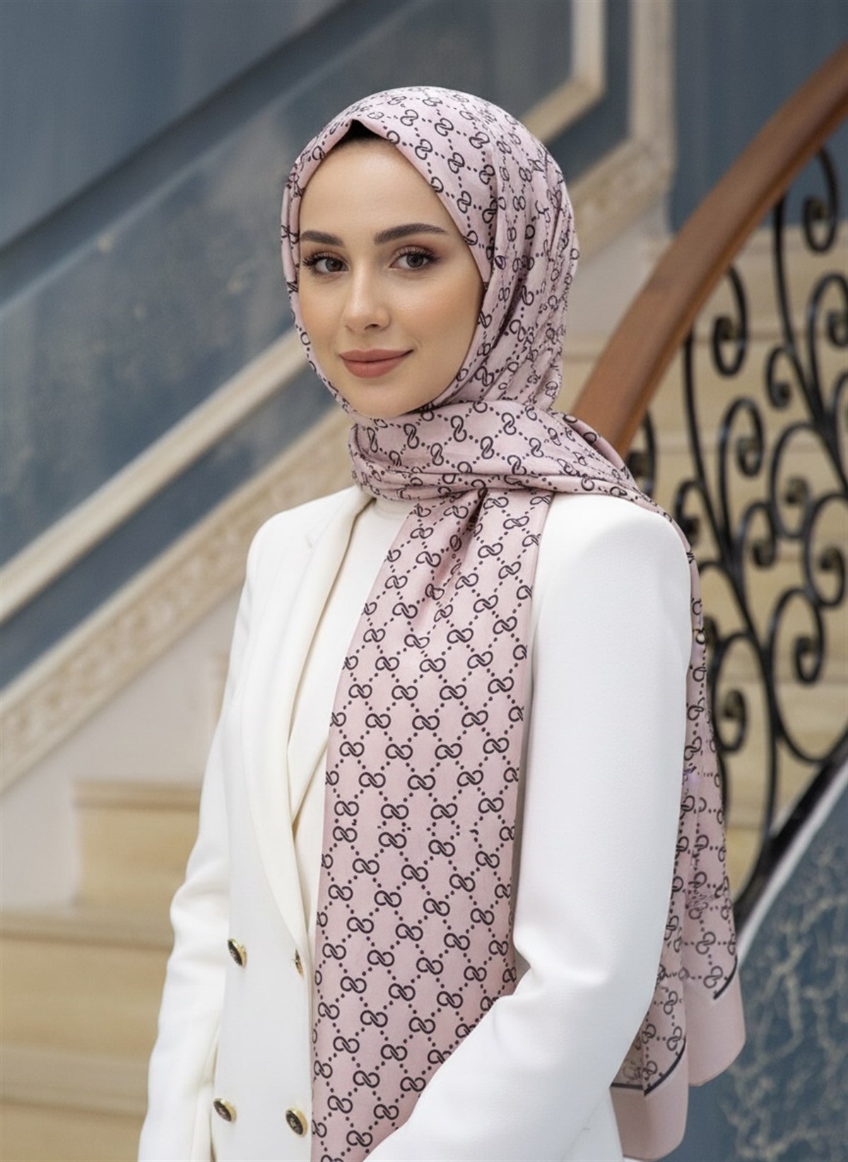 %100 İpek Minik Motif Desenli Pudra Renkli 92x210 Şal