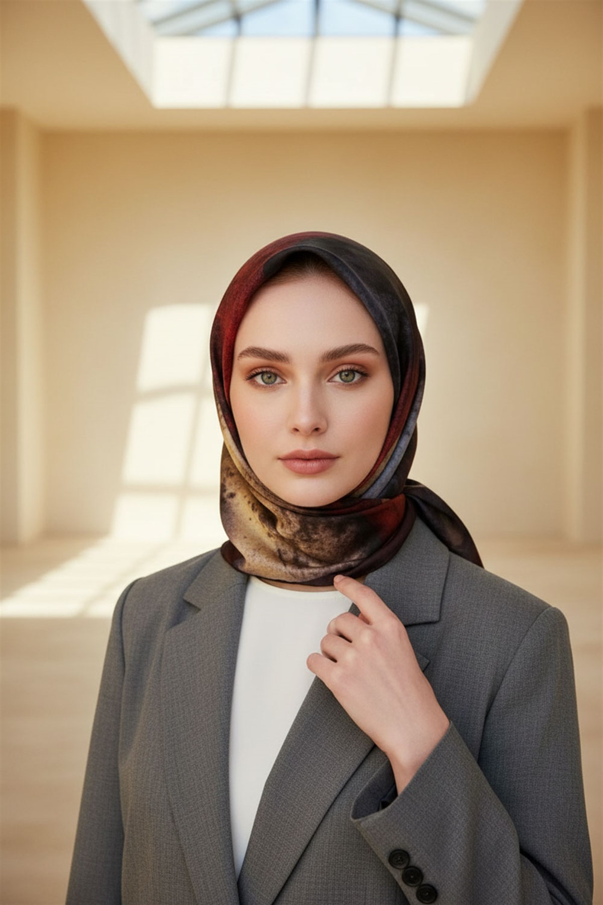 %100 Twill İpek Dokulu Ve Geometrik Desenli Bordo - Gri Renkli 90x90 Eşarp Dikim Şekli : El Dikişi